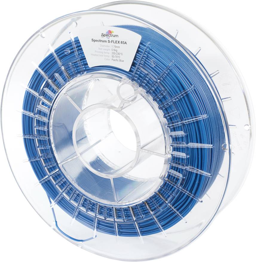 Spool of blue Spectrum S-FLEX 85A 3D printing filament, showing label with product details on a transparent circular holder.
