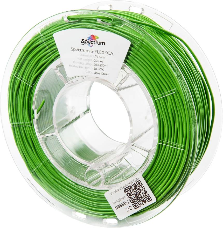 A spool of green flexible 3D printer filament labeled 'Spectrum S-FLEX 90A', diameter 1.75mm, weight 0.25kg, temperature 200-230°C.