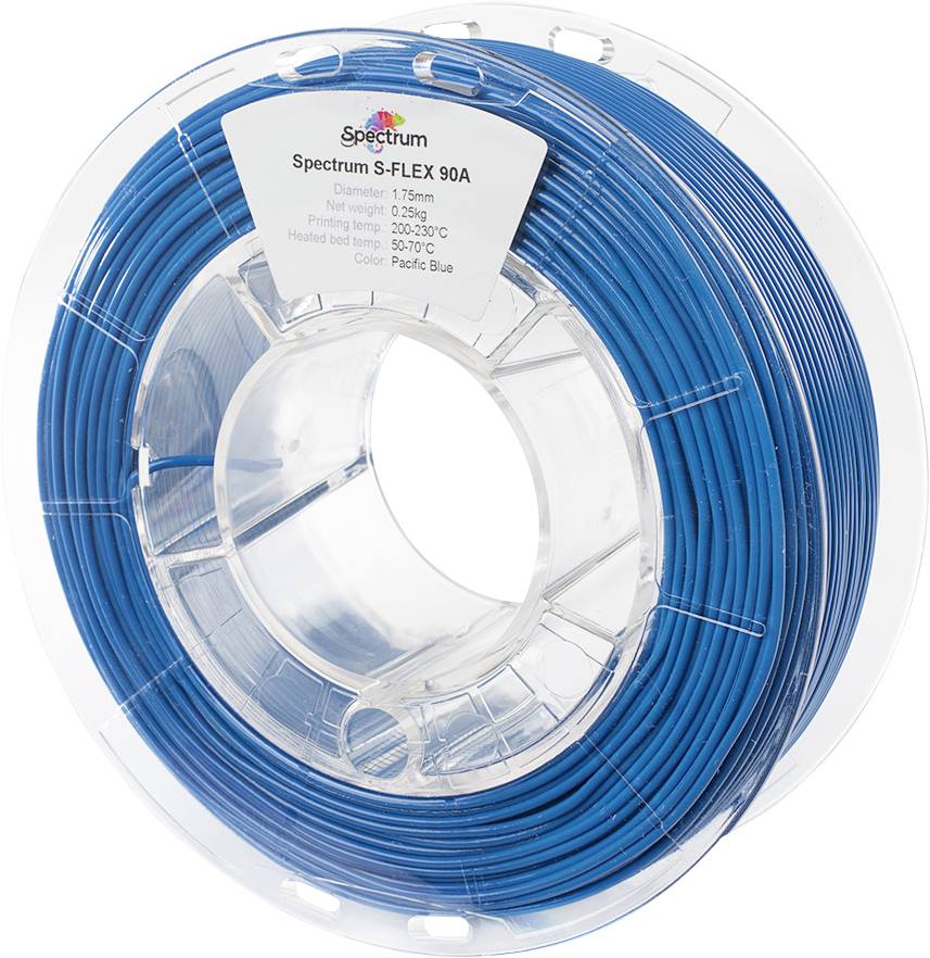 A spool of blue 3D printing filament labeled 'Spectrum S-FLEX 90A', diameter 1.75mm, net weight 1.0 kg, temperature range 200-230°C.