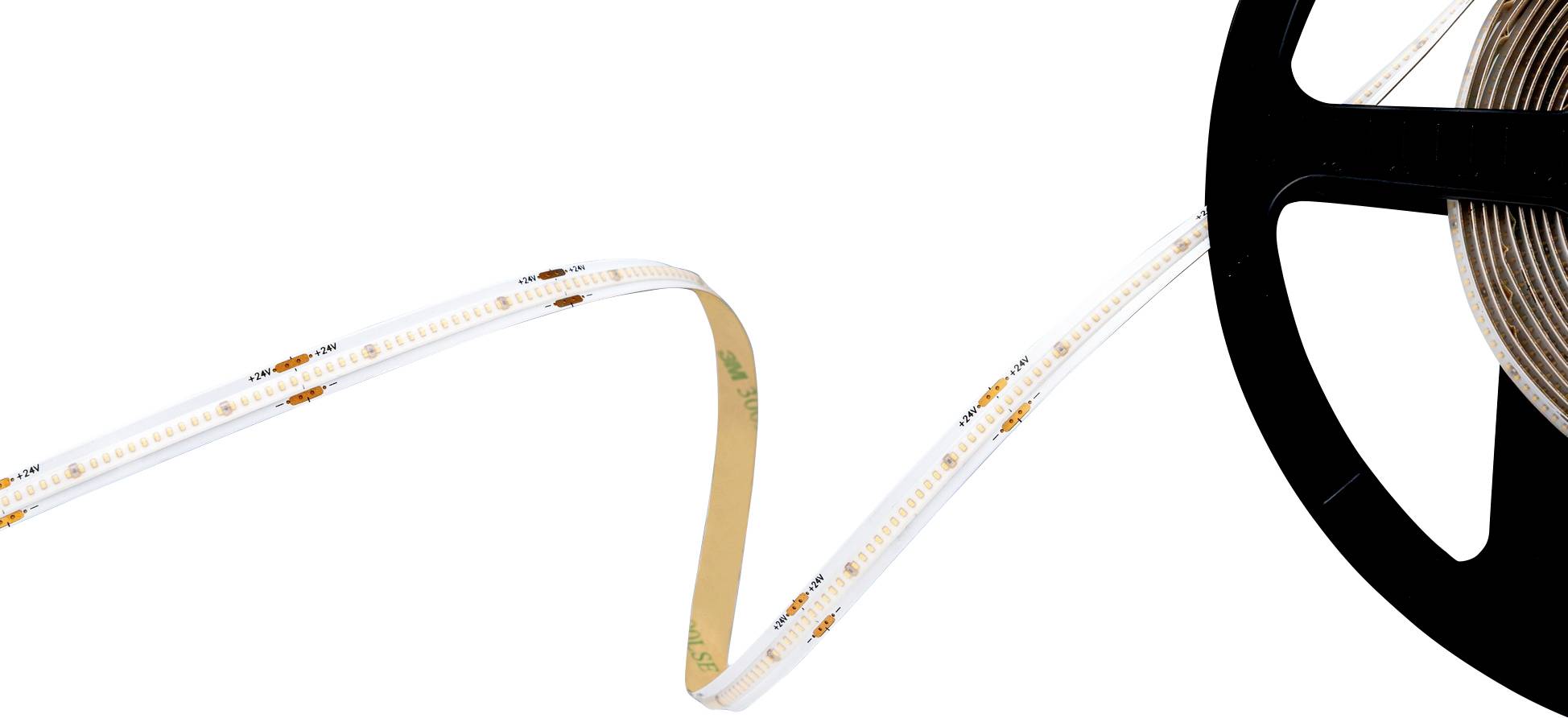 A roll of LED strip lights partially unrolled, showing small LED bulbs along the strip, against a white background.