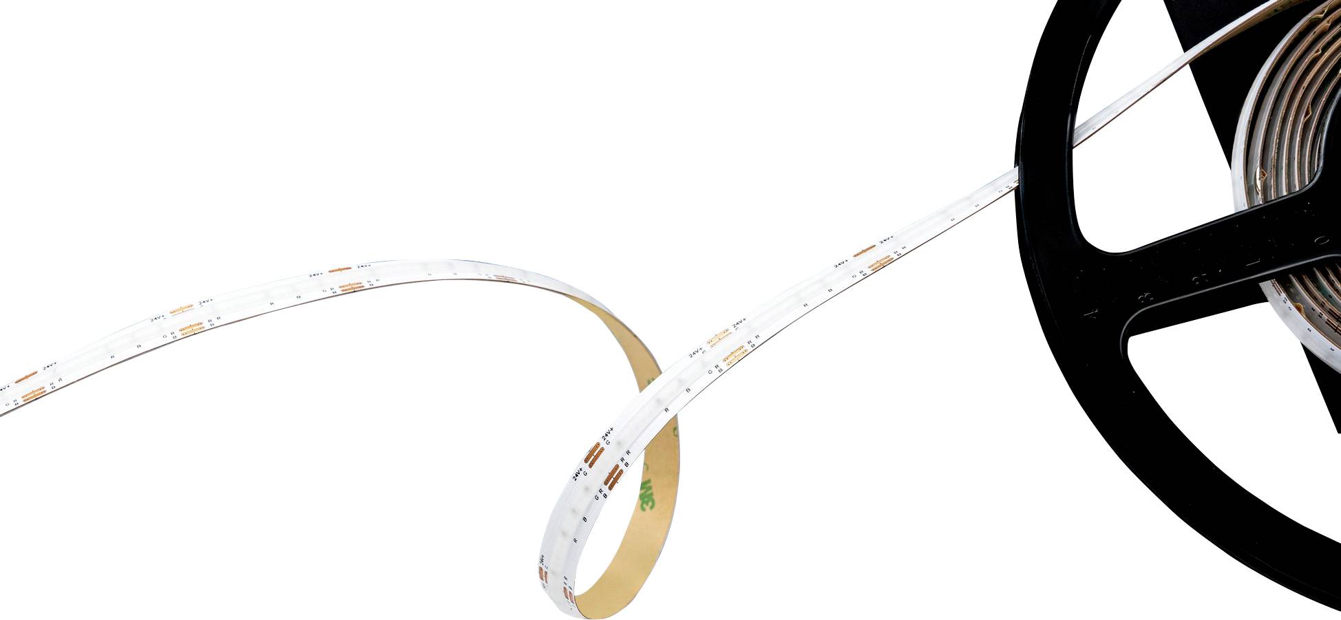 A roll of flexible LED strip light partially unwound, showing white segmented design on a black spool against a white background.