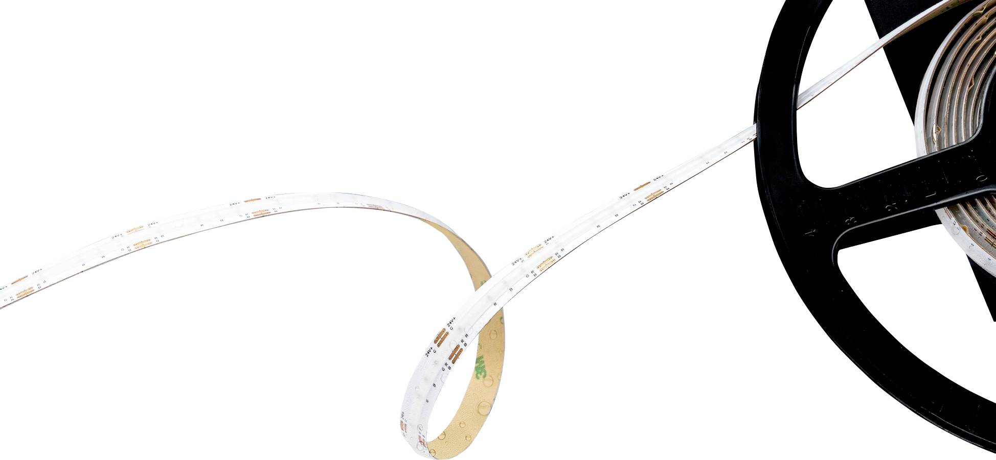 A roll of LED strip lights with a white base and black spool, partially unrolled, showing small bulbs spaced evenly along the strip.