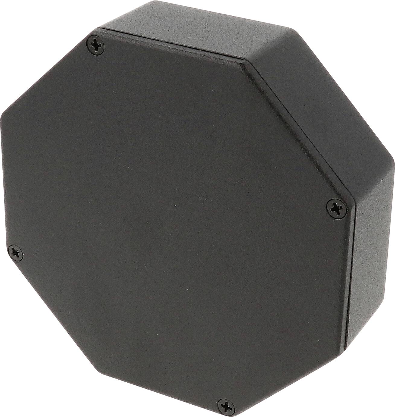 A black, octagonal plastic enclosure with screws visible on the front, used for housing electronic components securely.