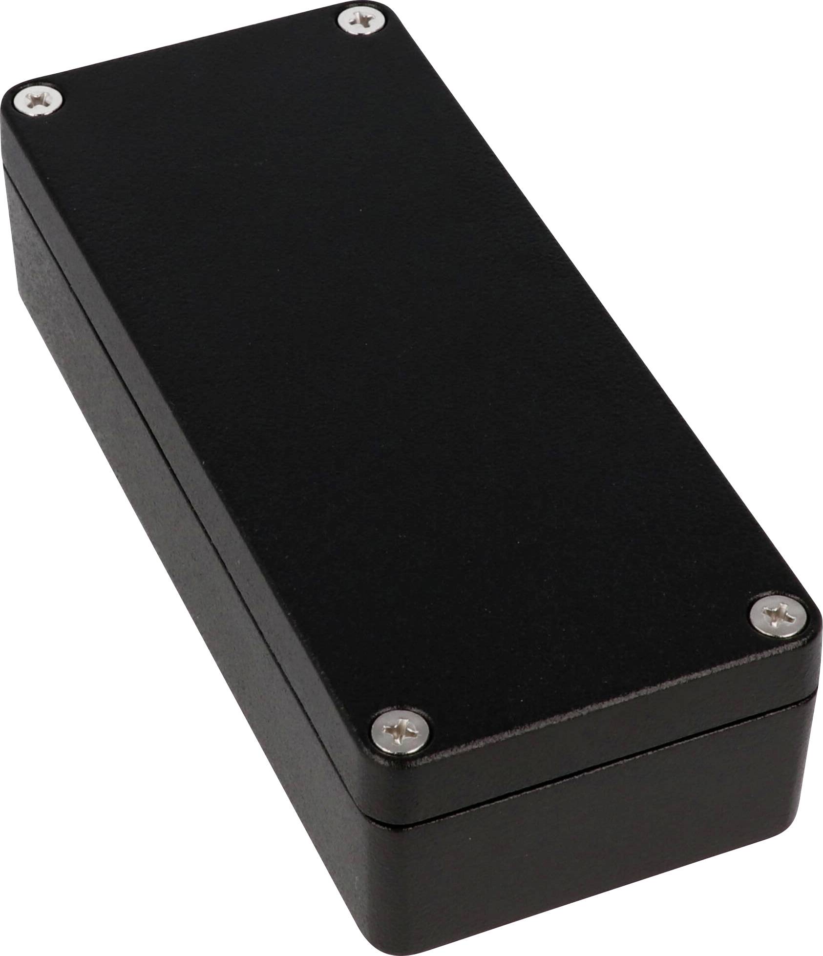 A black rectangular electronic enclosure box with four screws on the corners, suitable for housing small electronic components or devices.