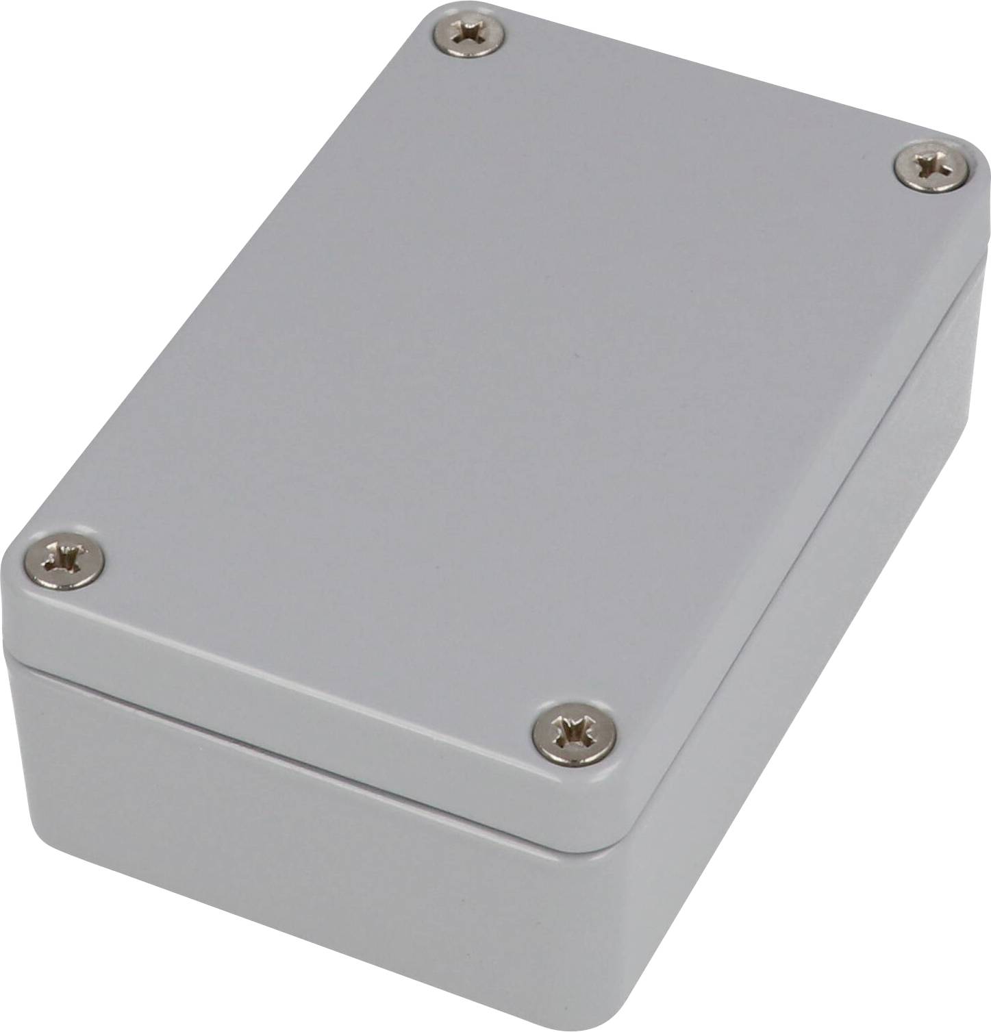 A rectangular gray metal box with a smooth surface, secured by four screws at each corner, likely used for housing electronic components.