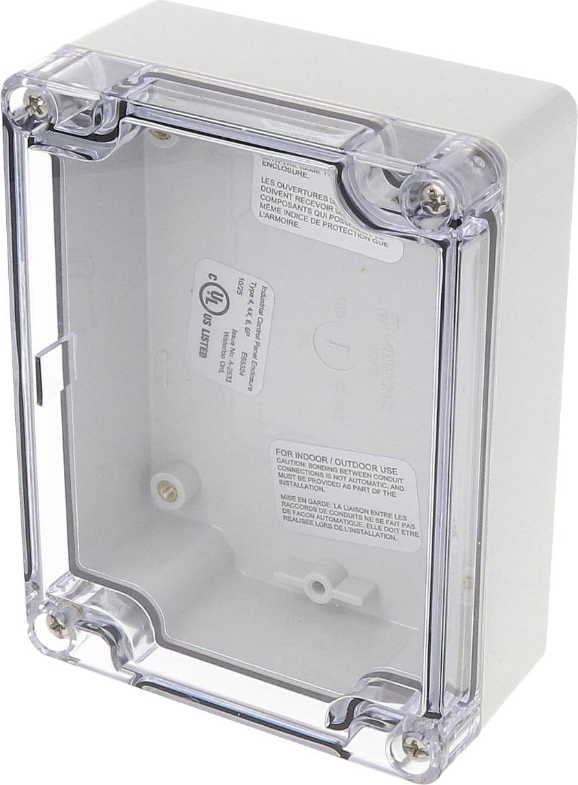 A transparent plastic enclosure box with screw-fitted corners, displaying labels inside for indoor/outdoor use, suitable for protecting electronics.