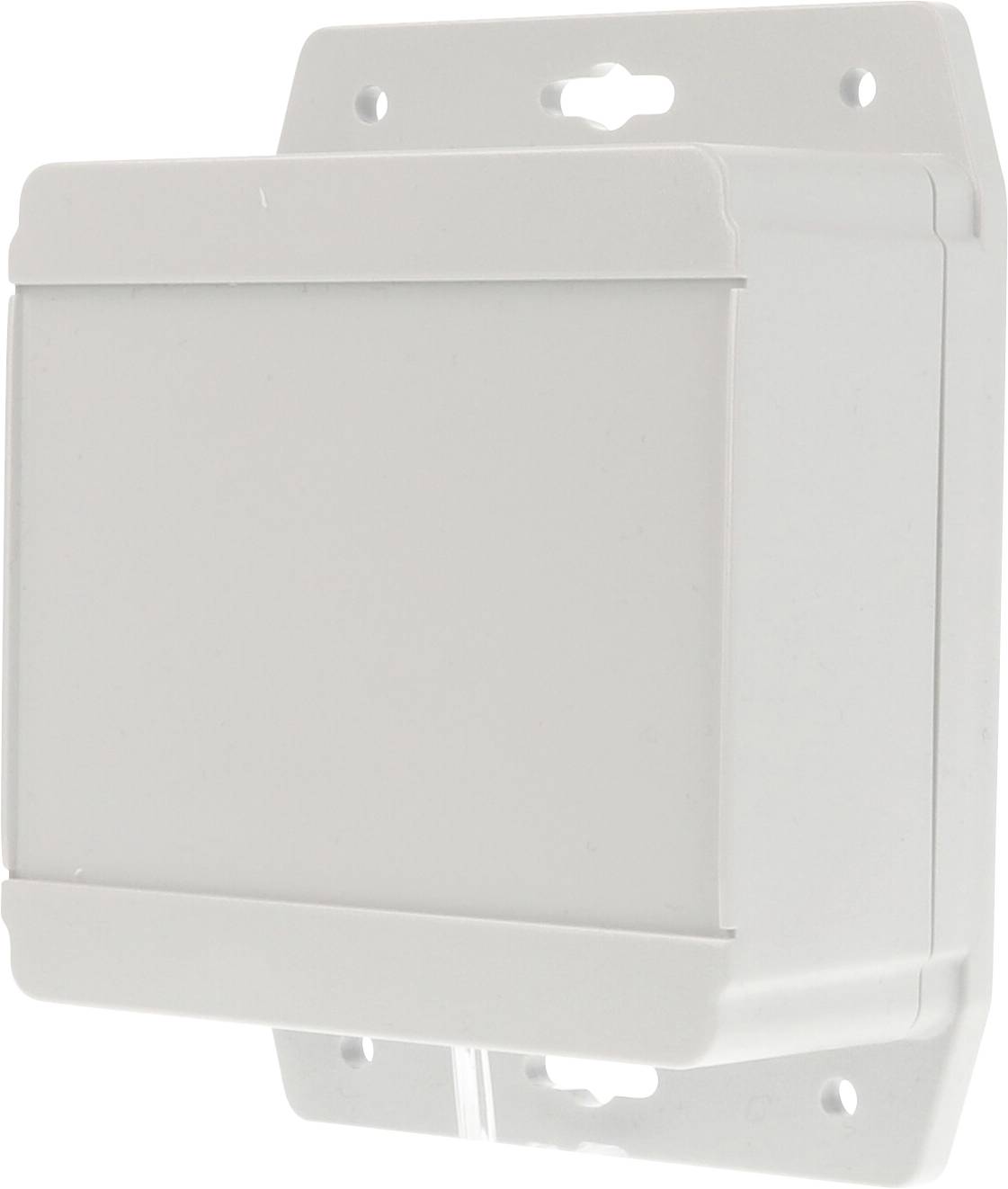 A white plastic wall-mounted enclosure, likely for electrical or networking purposes, shown without any visible branding or text.