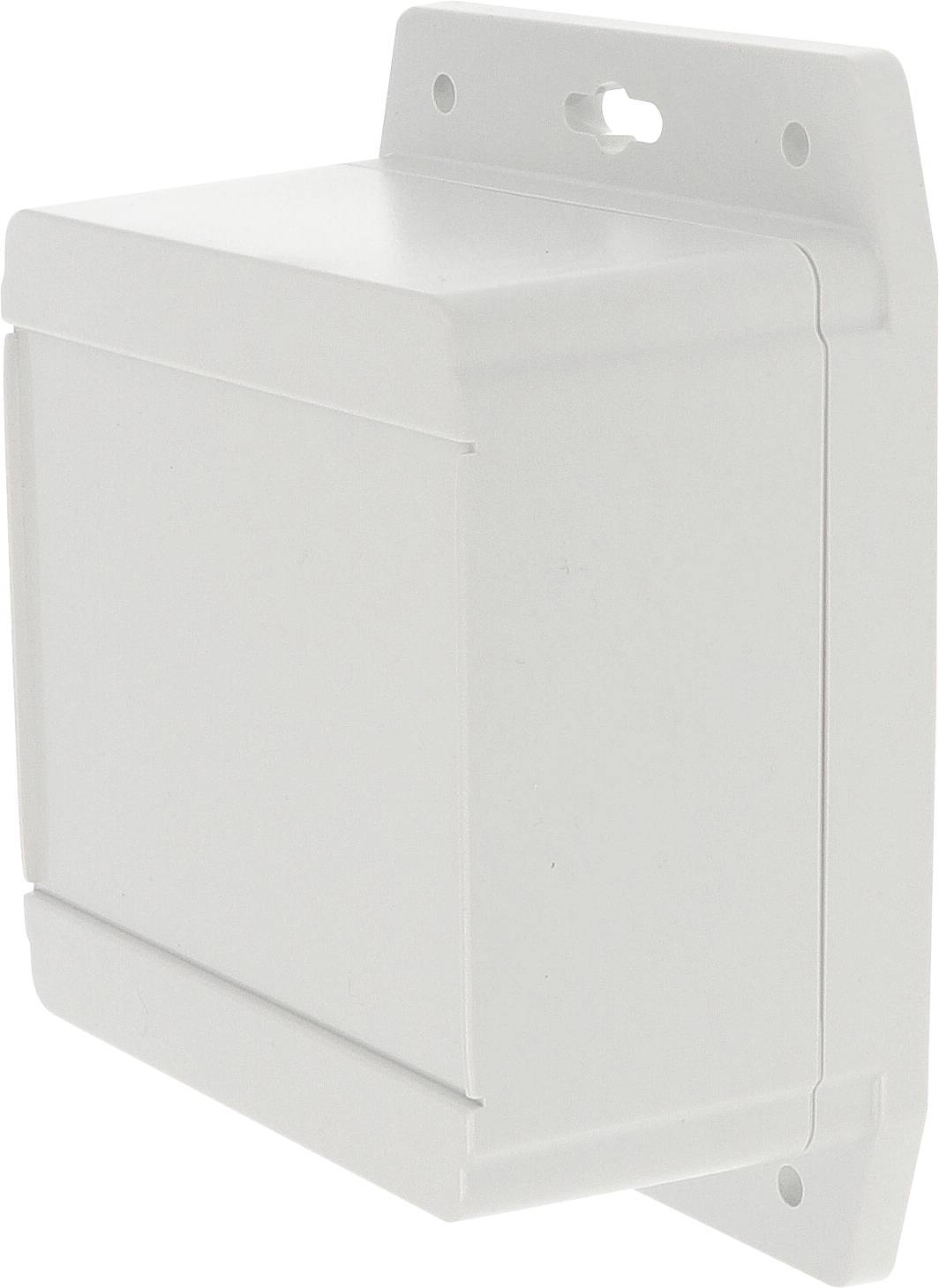 A white, rectangular plastic electrical box with a closed cover, designed for wall mounting, featuring four screws for attachment.