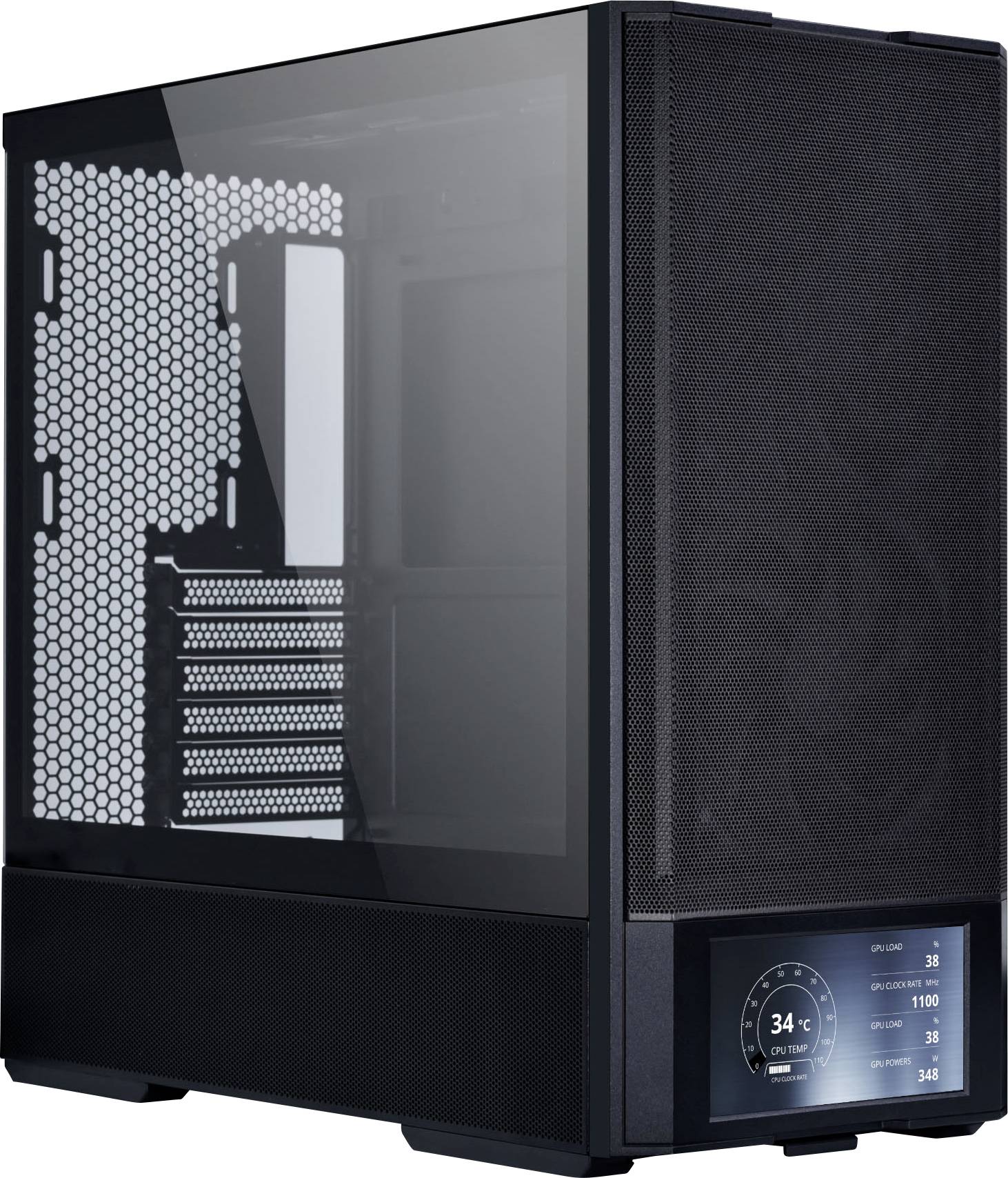 A sleek black computer tower with a transparent side panel showing internal space, featuring a front-facing LED display showing temperature and fan speed.