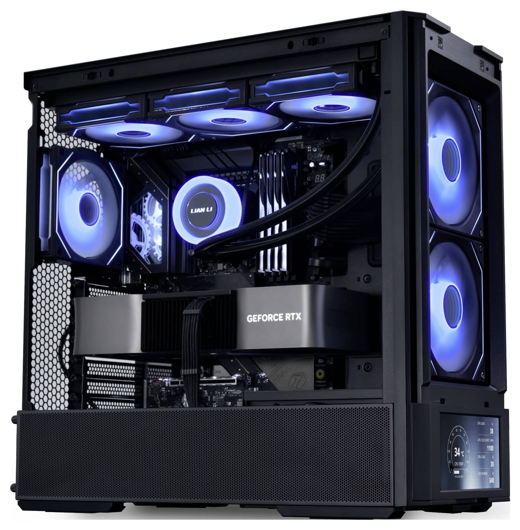 A black desktop computer with visible components, featuring bright blue LED-lit fans and a 'GeForce RTX' graphics card inside a transparent case.