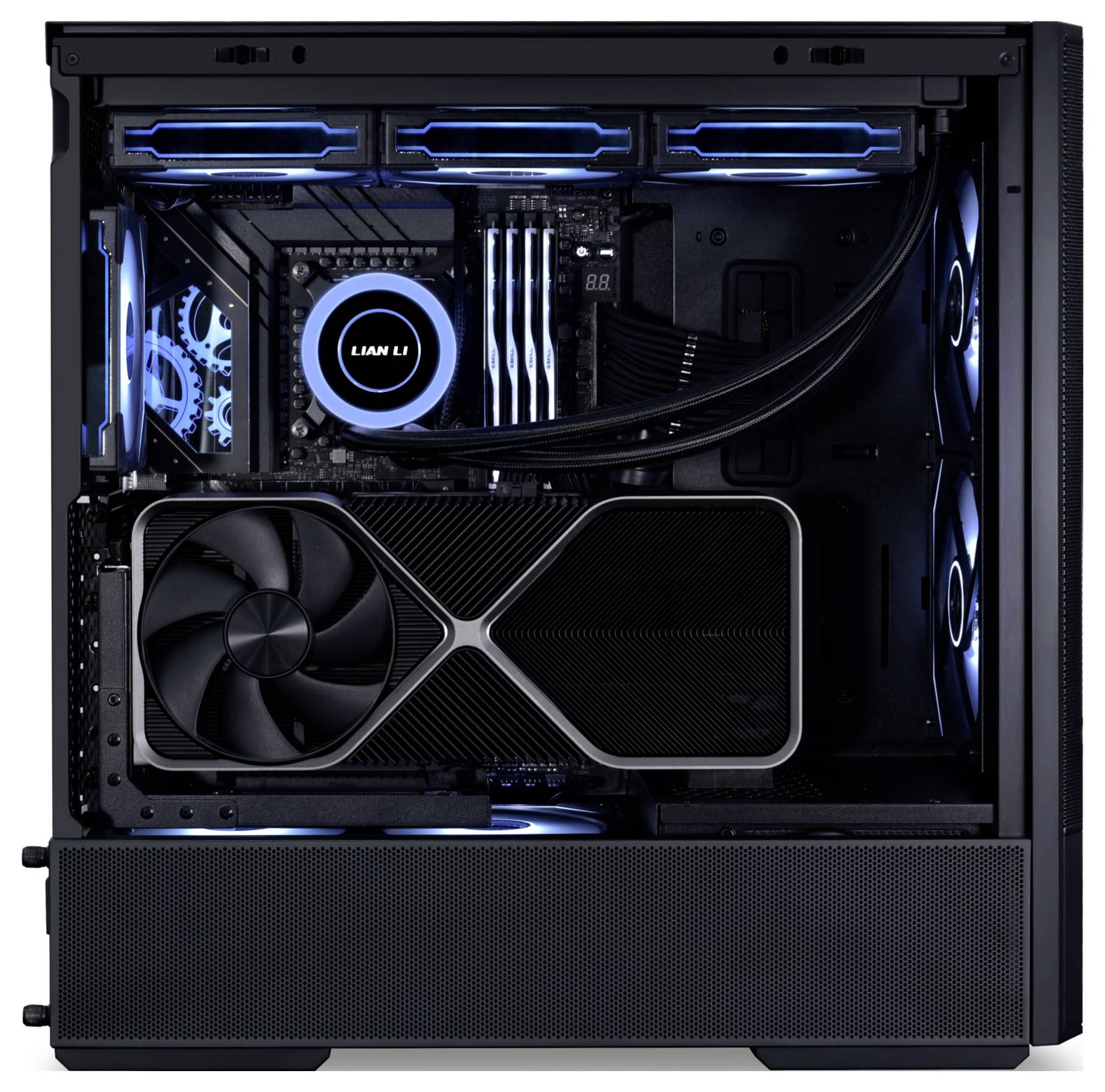 A desktop PC interior with glowing blue LED lighting, showcasing a large GPU, liquid cooling system, and neat cable management.