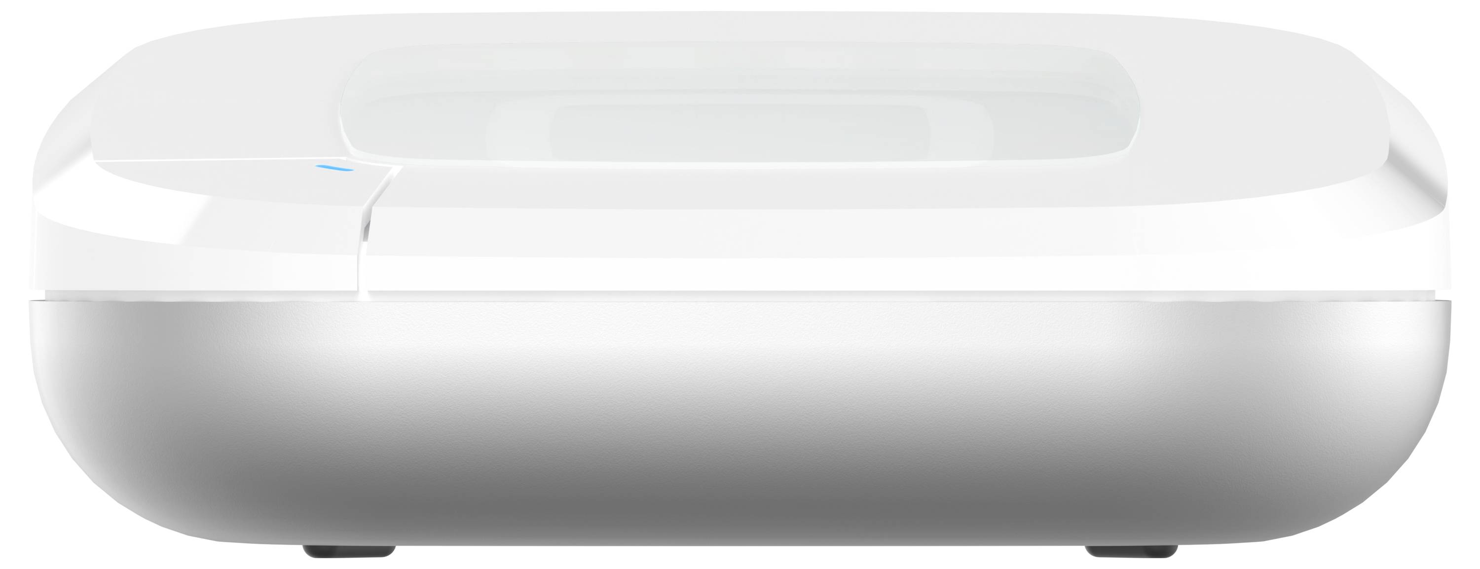 A sleek, rectangular white device with a transparent top, designed for storing wet wipes, viewed from the side.