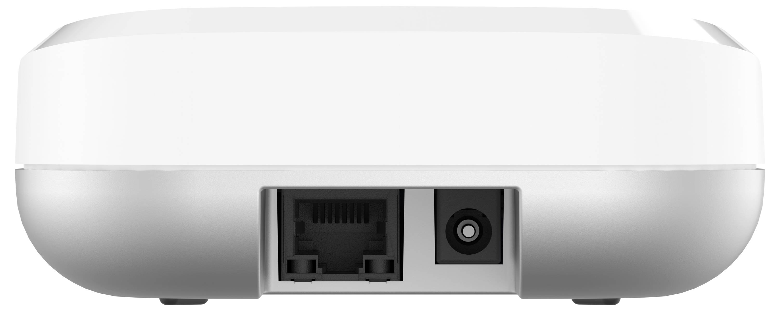 The image shows a close-up view of a white electronic device featuring an Ethernet port and a power input on its back side.