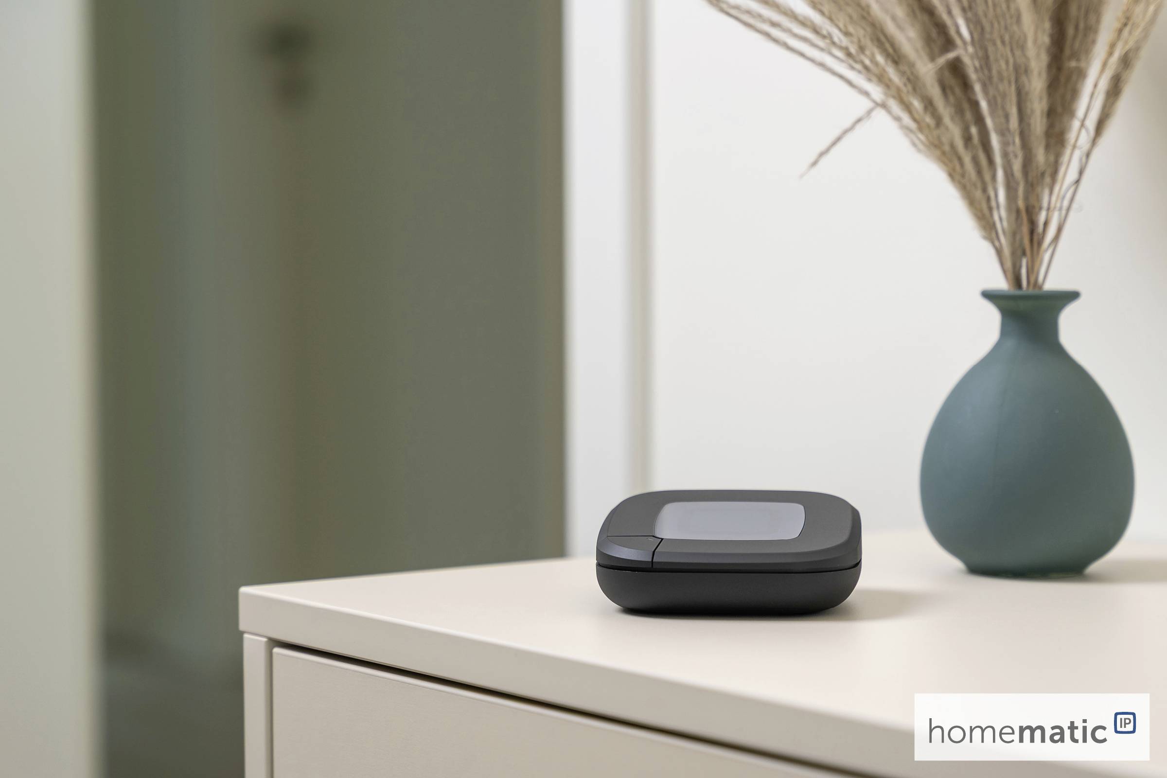 A small black device with a digital display sits on a light-colored table beside a teal vase with dried grass. The logo reads 'homematic IP'.