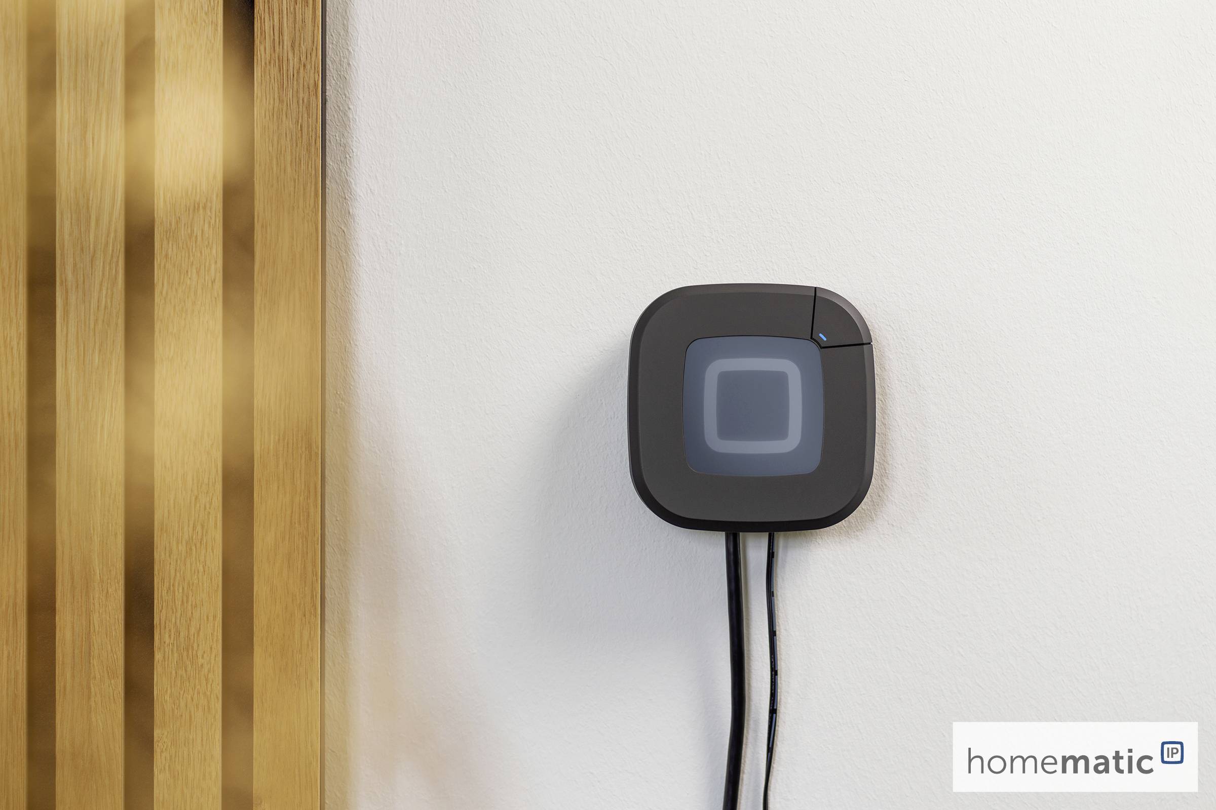 A wall-mounted smart device with a square display and two cables, next to wooden paneling. Logo 'homematic IP' is at bottom right.