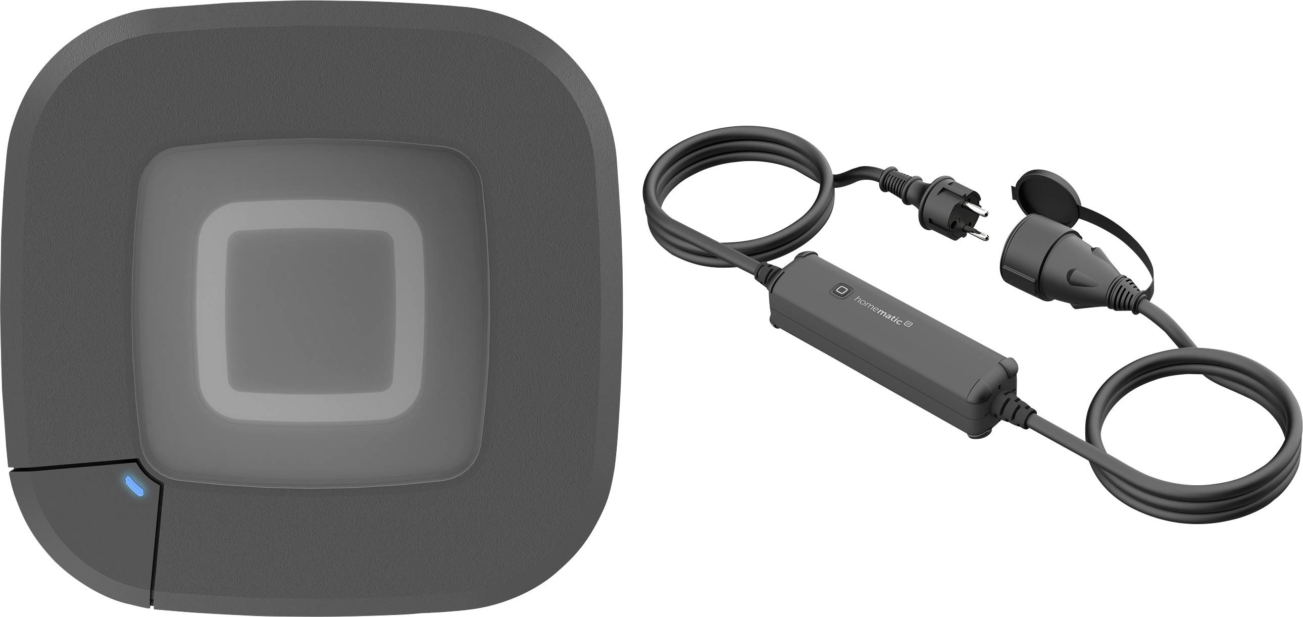 A dark gray EV charging station with a glowing center and a black power cable.