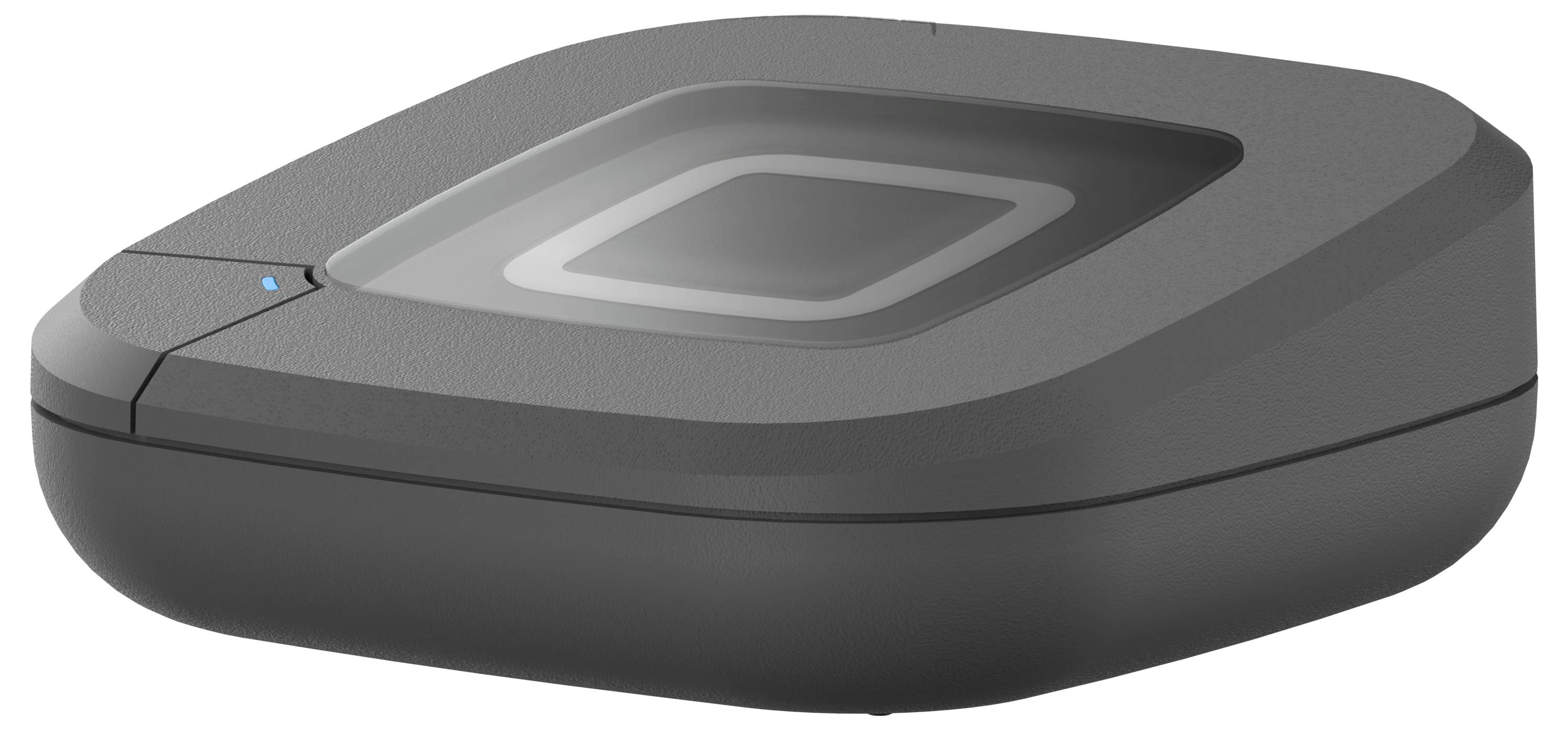 A sleek, dark gray electronic device with a black top surface, featuring a blue indicator light on the side.