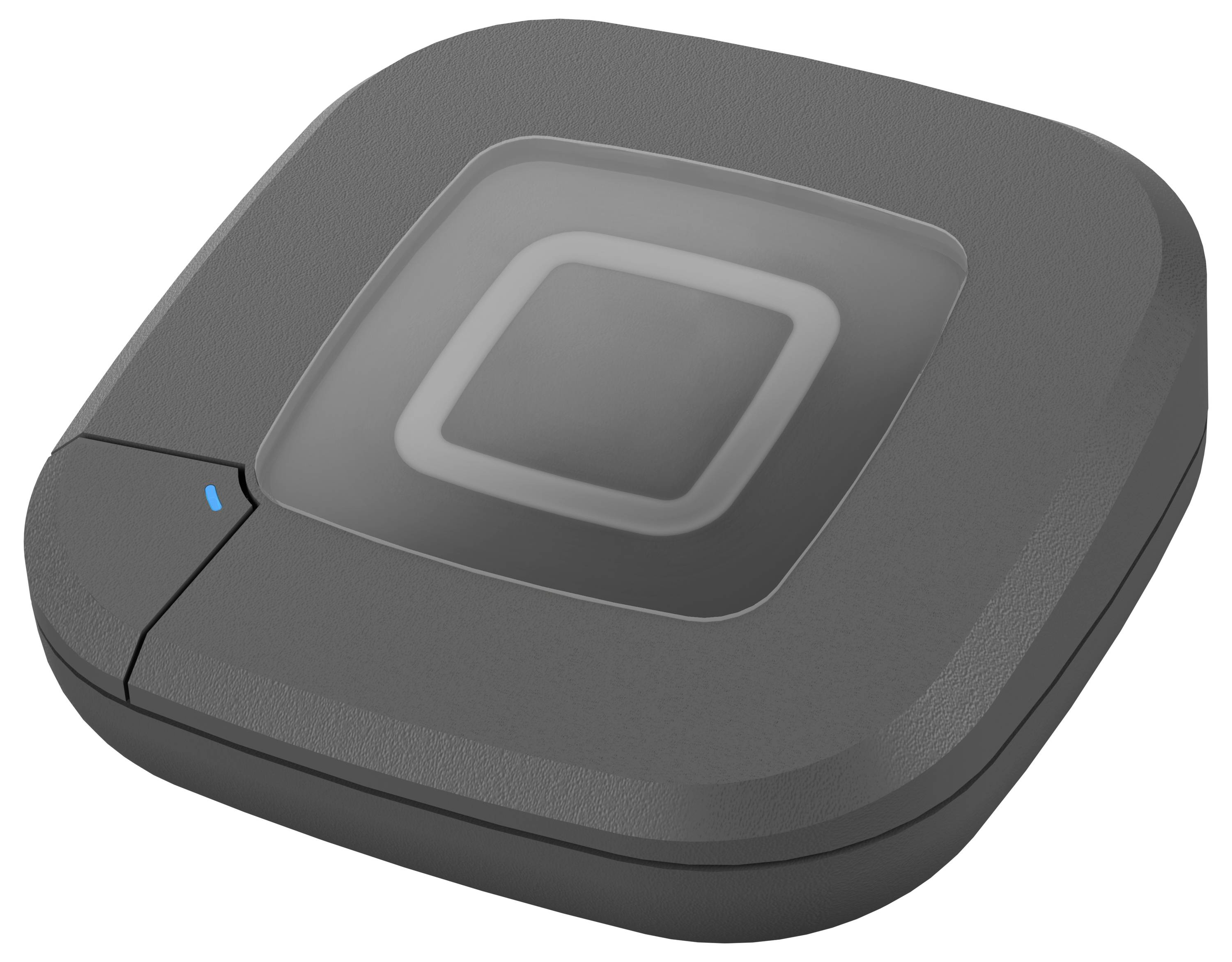 A photo of a square, black wireless charging pad with a subtle light indicator on the corner, suggesting power status.
