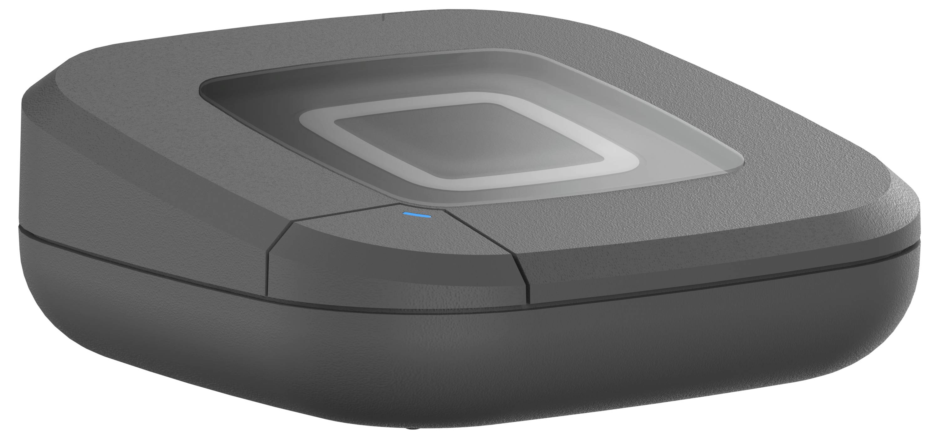 A sleek, gray point-of-sale card reader device with a square design for contactless payments, featuring a subtle illuminated indicator.