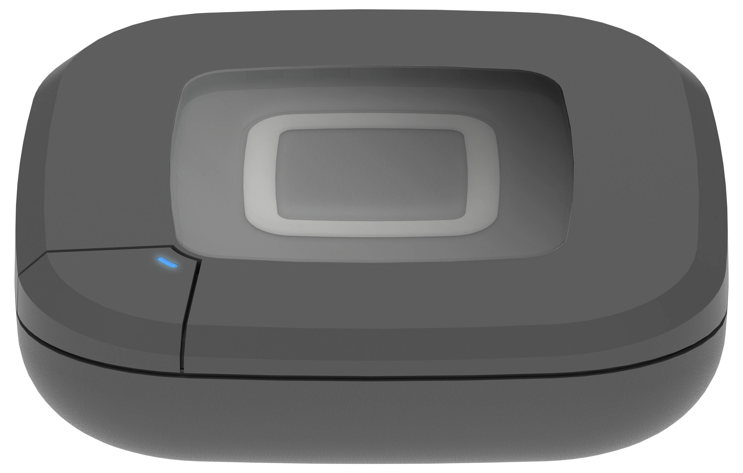 A sleek, oval-shaped, dark-colored electronic device with a blue indicator light on the side. It has a recessed rectangular center.