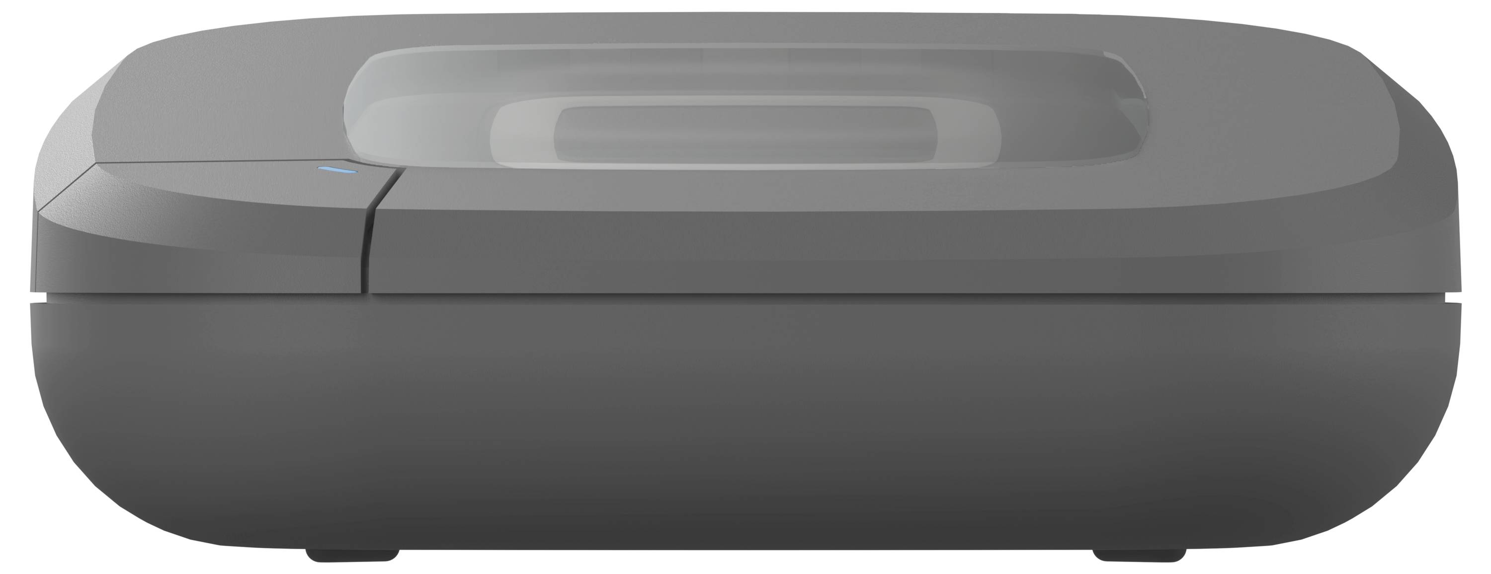 A sleek, dark gray device with a modern design, featuring a rounded rectangular shape and a small blue indicator light.