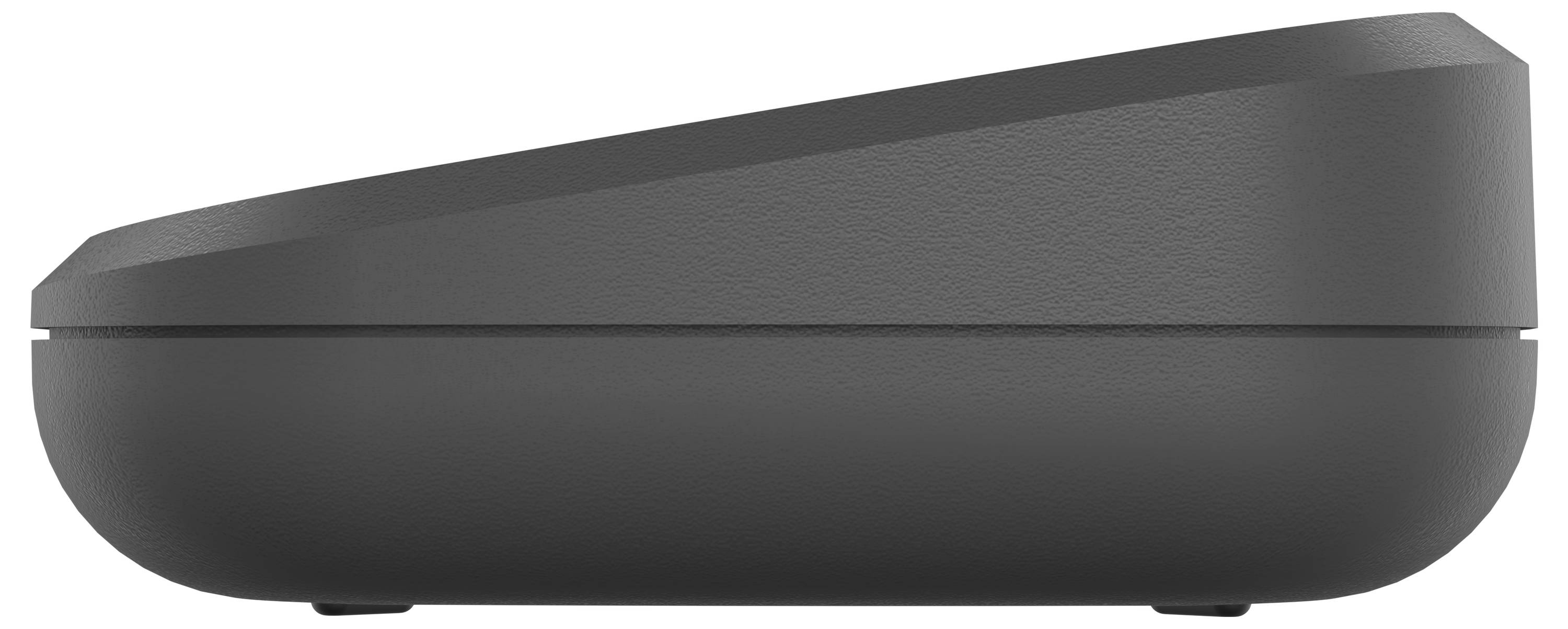A sleek, black computer mouse viewed from the side, showing its ergonomic, slanted design with a textured surface.