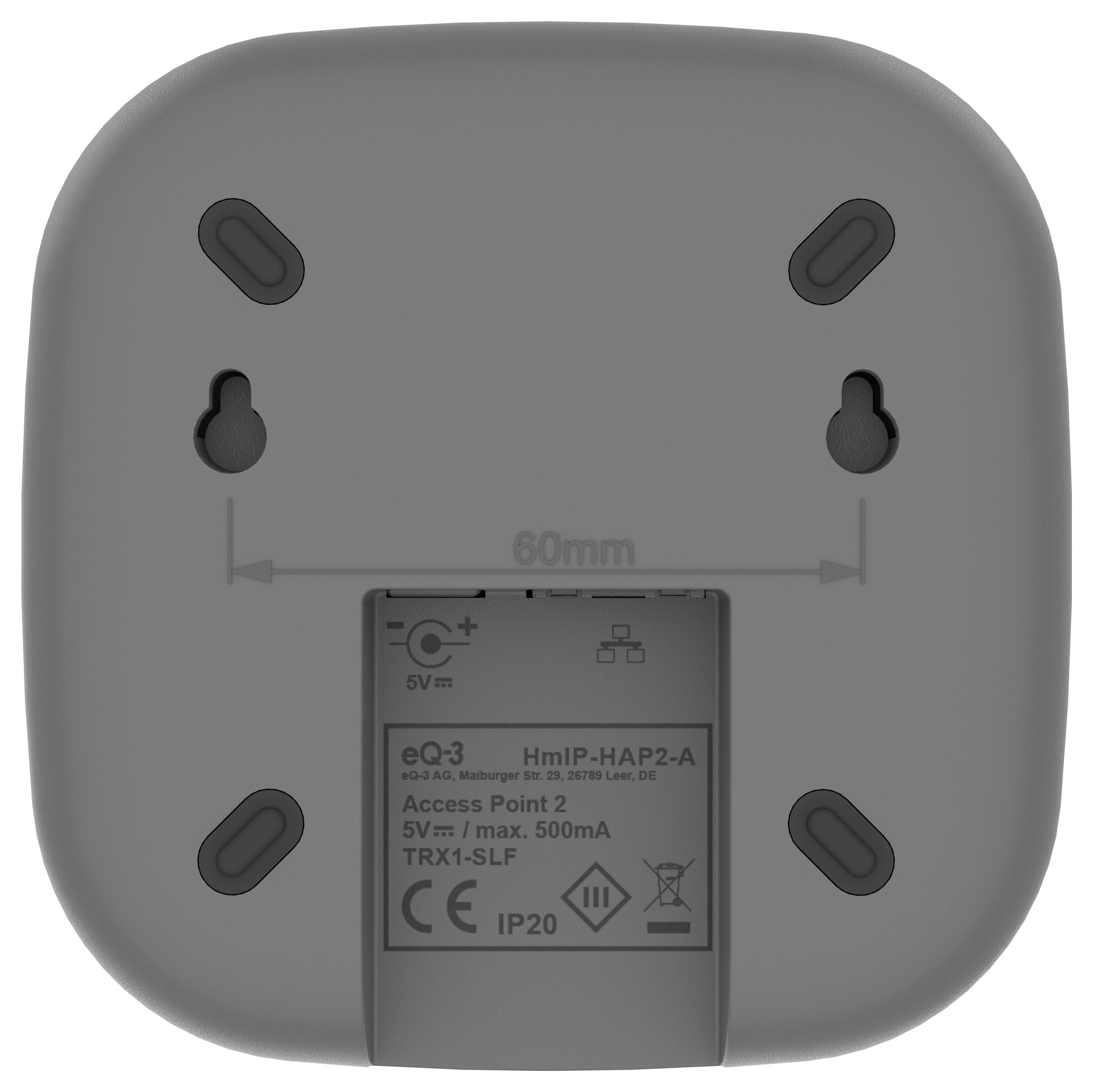 The image shows the back of a square, gray electronic device with mounting holes and a label noting 'Access Point 5V/500mA,' model number 'HmIP-HAP2-A.'