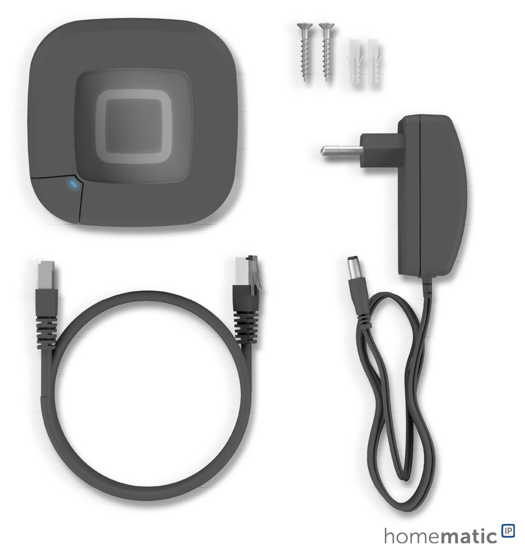 Smart home hub with power adapter, USB cable, and mounting hardware.