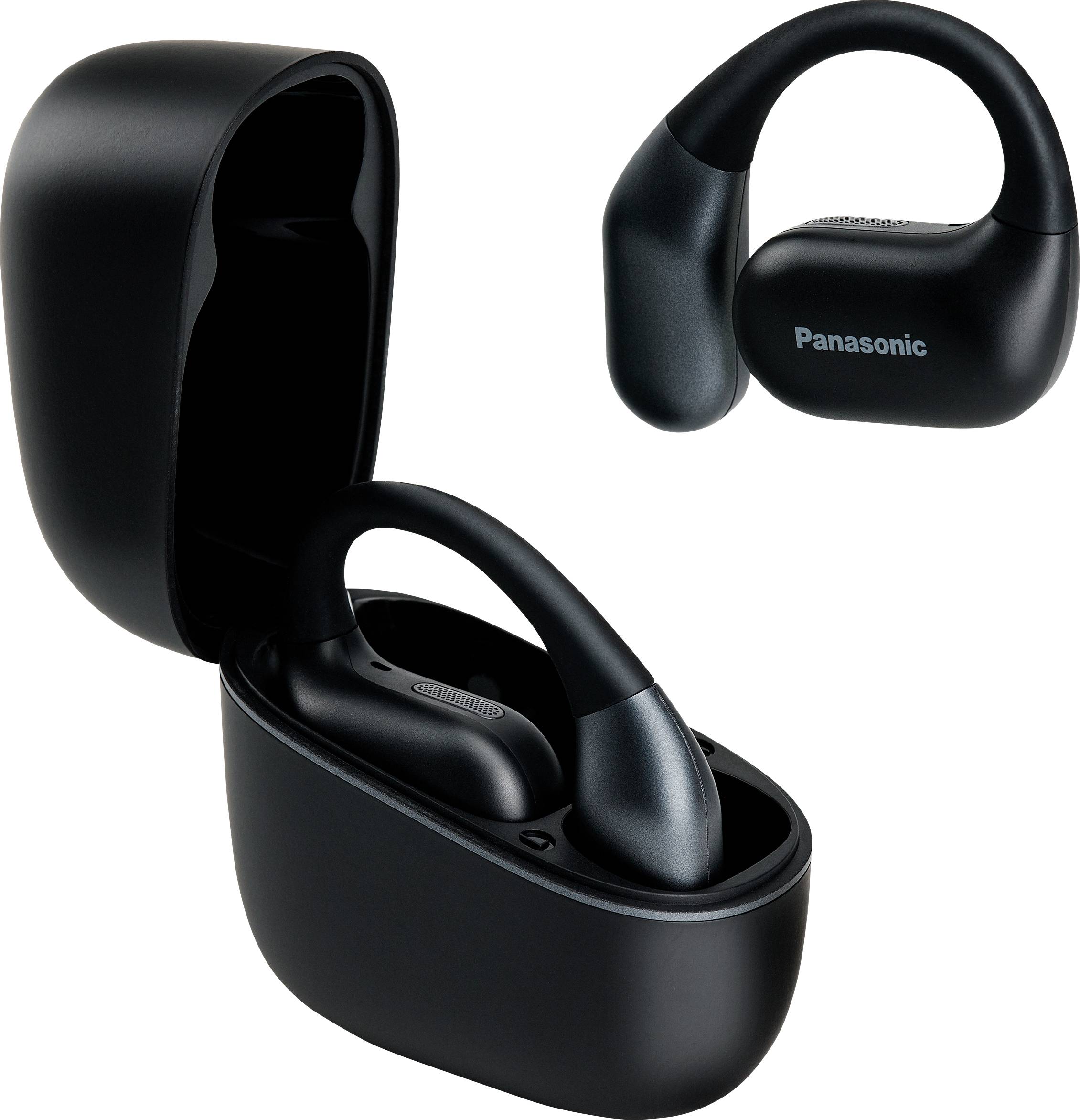 Black wireless earbuds with ear hooks, one resting in an open charging case. The brand 'Panasonic' is visible on the earbuds.