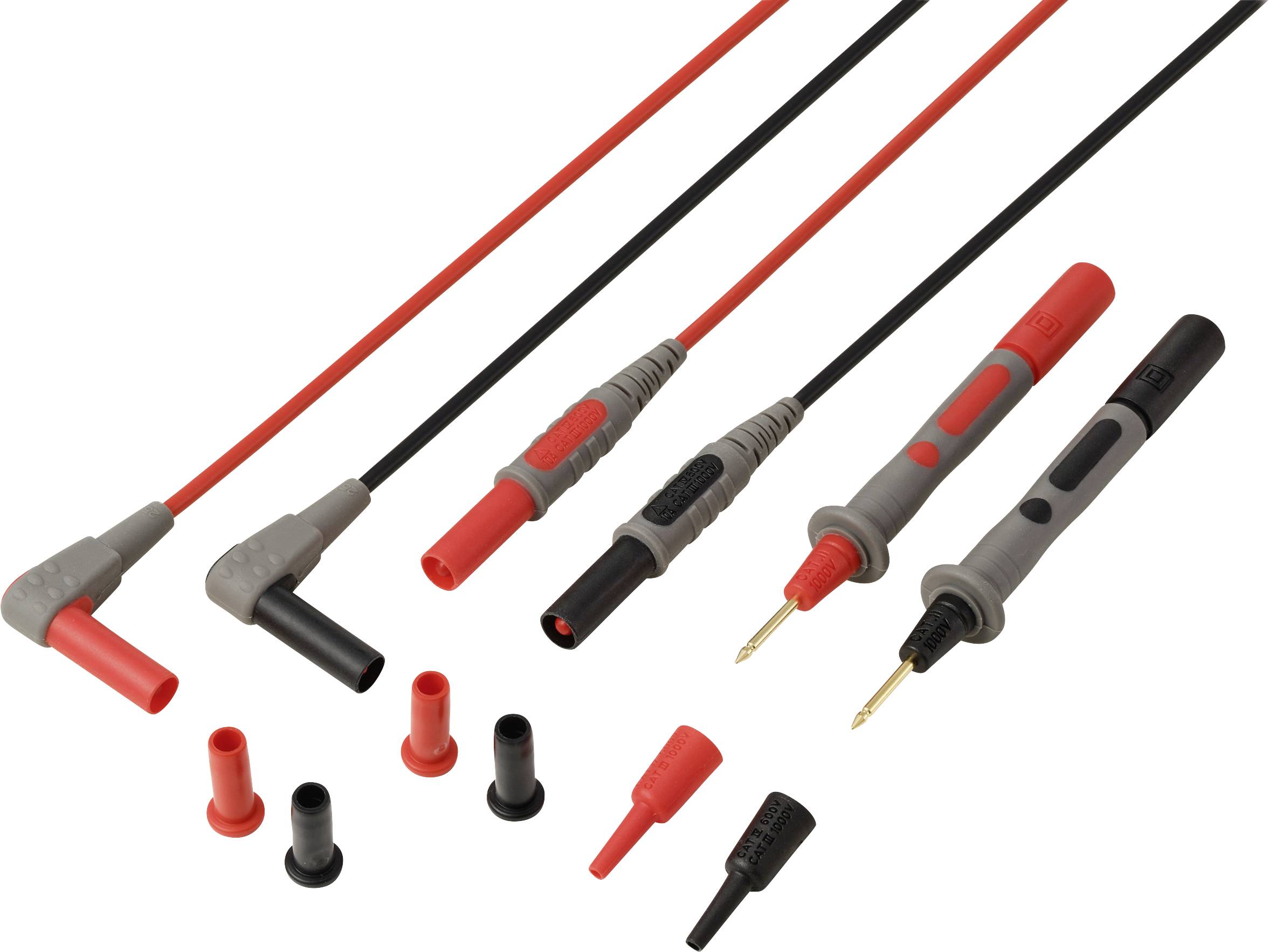 A set of red and black multimeter test leads and connectors, including angled and straight probe tips, used for electrical testing.