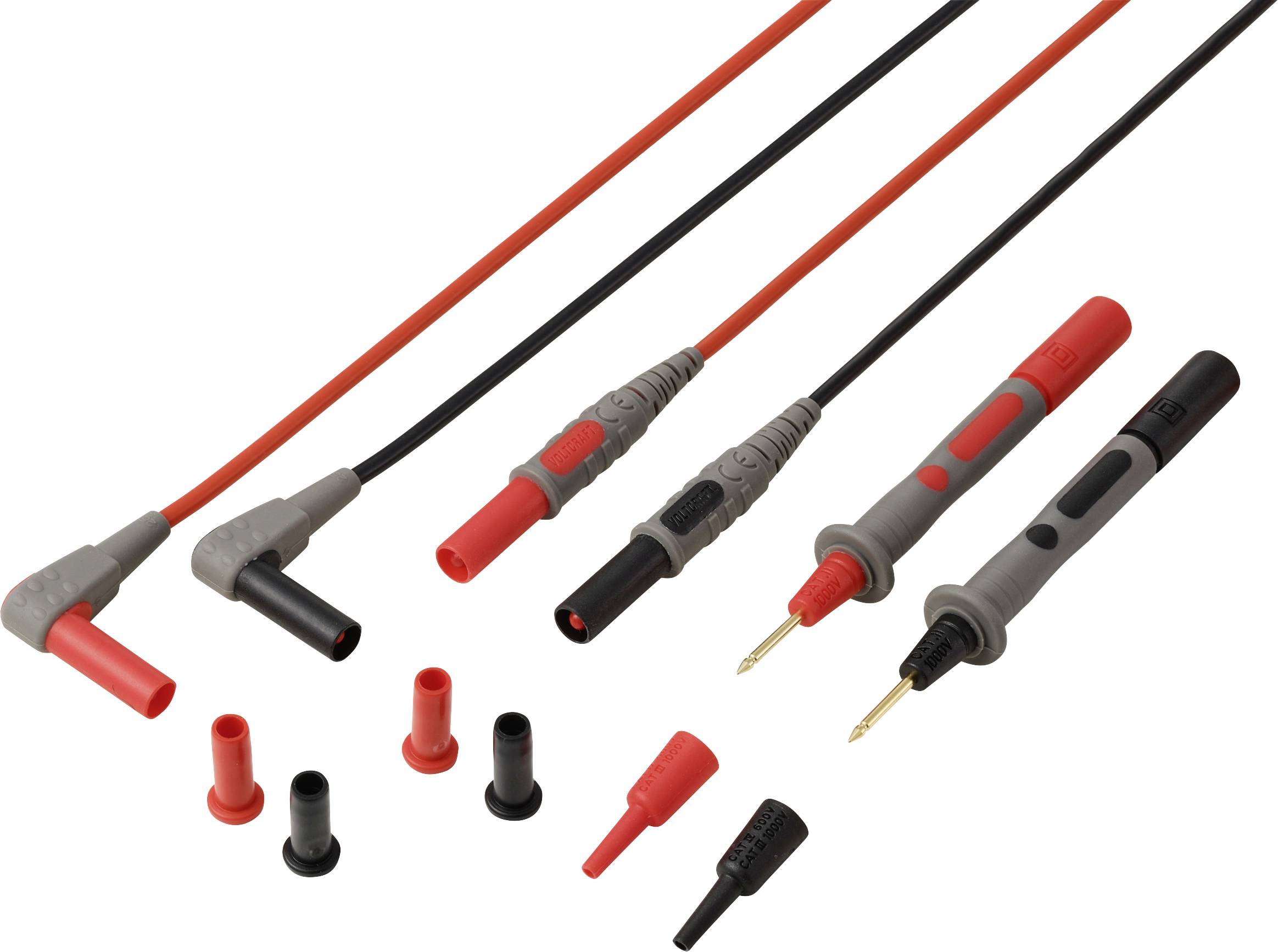 A set of red and black multimeter test leads with various connectors and probe tips, used for measuring electrical values.
