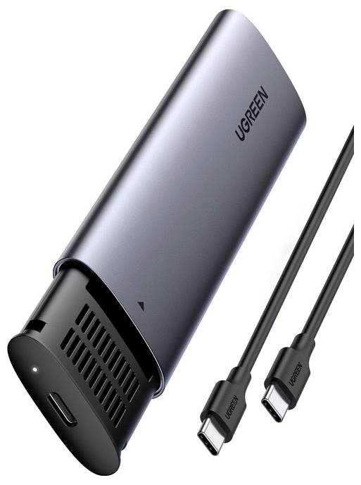 A silver UGREEN USB-C hub with a vented design is shown alongside two USB-C cables, highlighting connectivity options and cooling features.