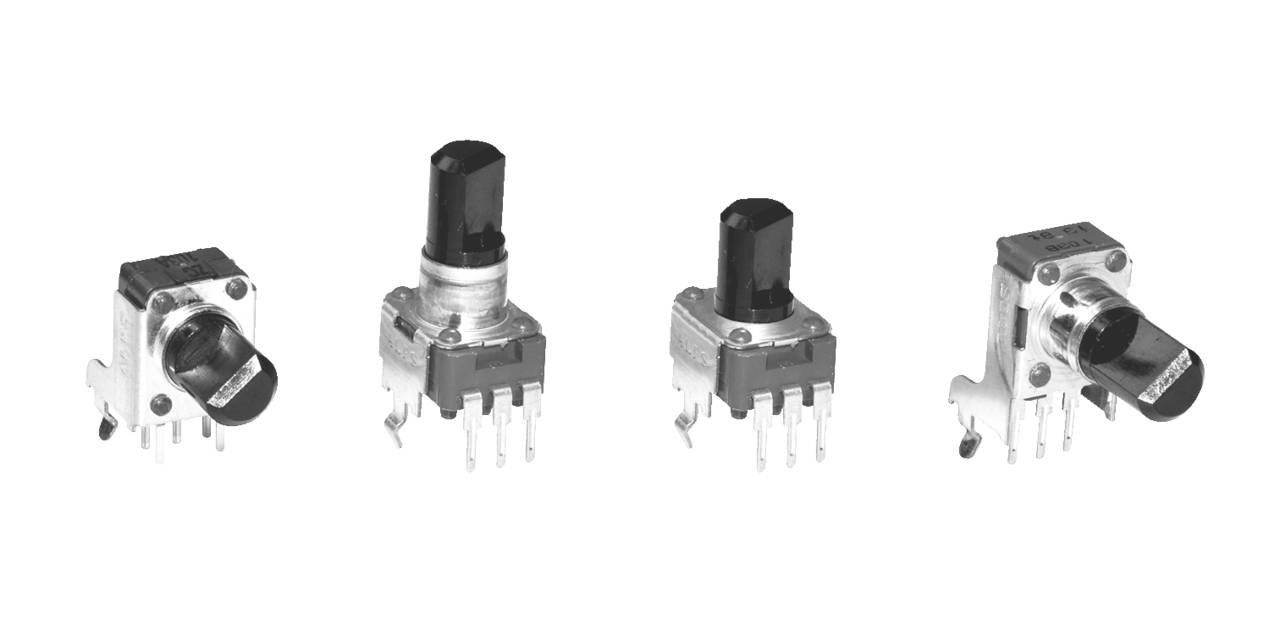 Four types of rotary encoders are shown: each with a black knob, metal casing, and multiple pins for electronic connections.