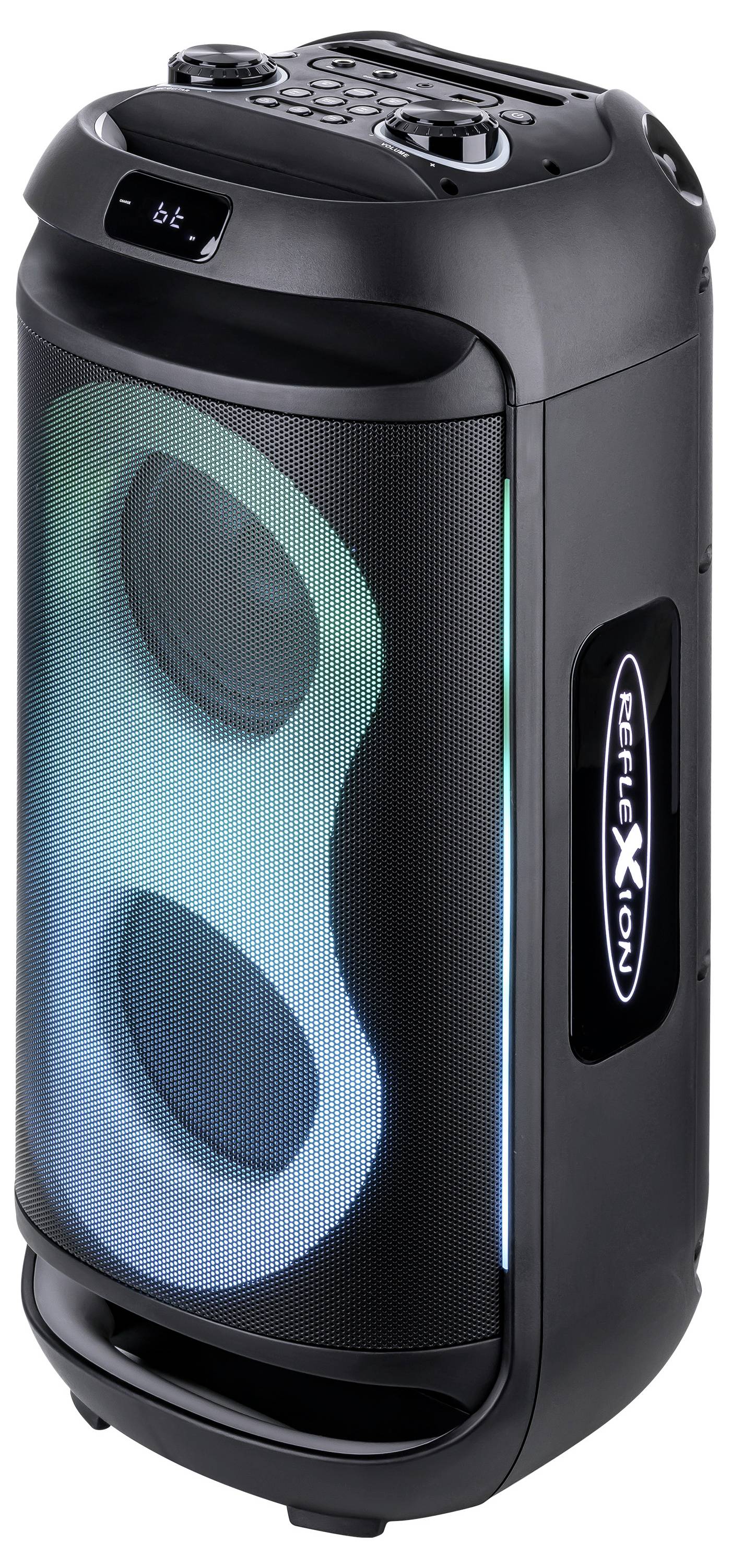 A portable black Bluetooth speaker with large circular LED lights on the front and control buttons on top.