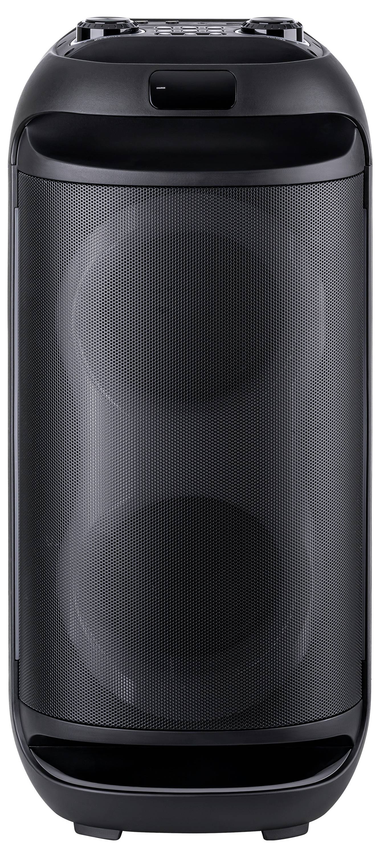 A tall, black portable speaker with two visible large woofer speakers on the front.