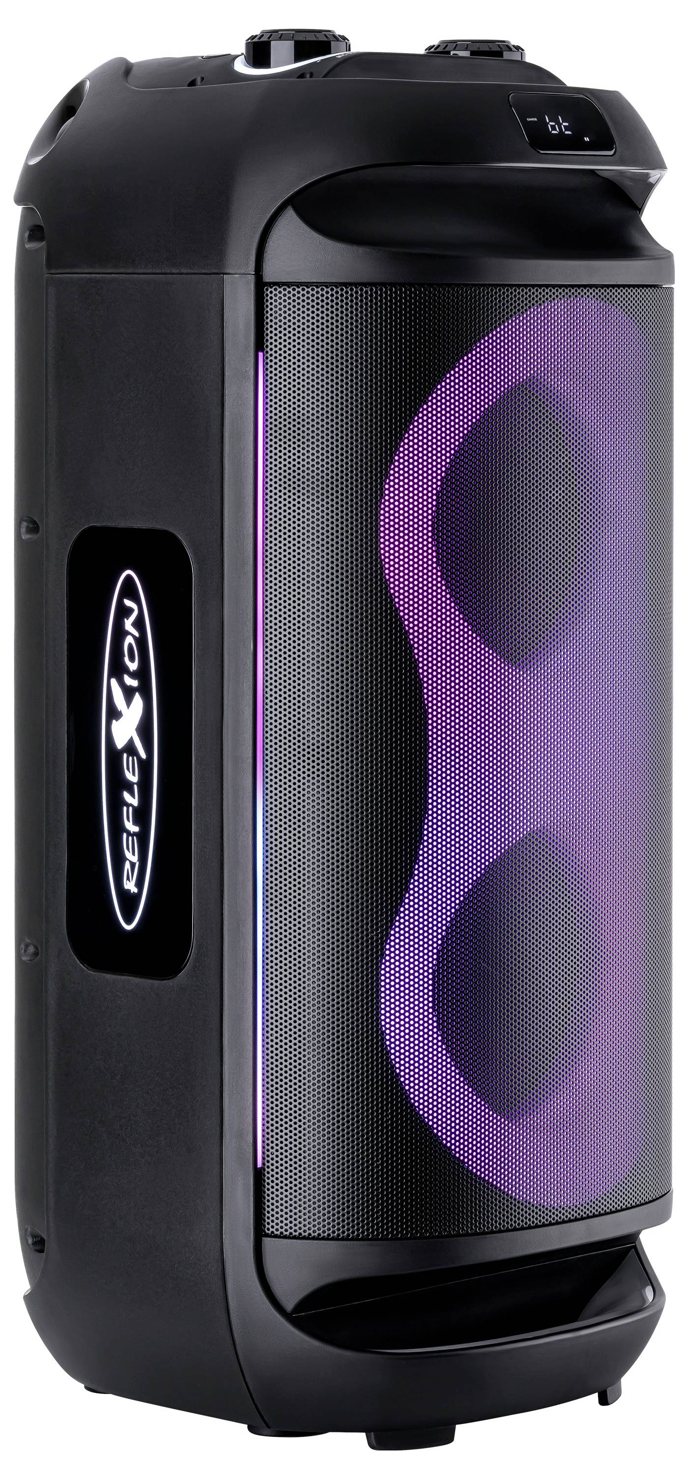 Tall, black portable speaker with mesh grille, showing purple LED lights in circular patterns, featuring control knobs on top.