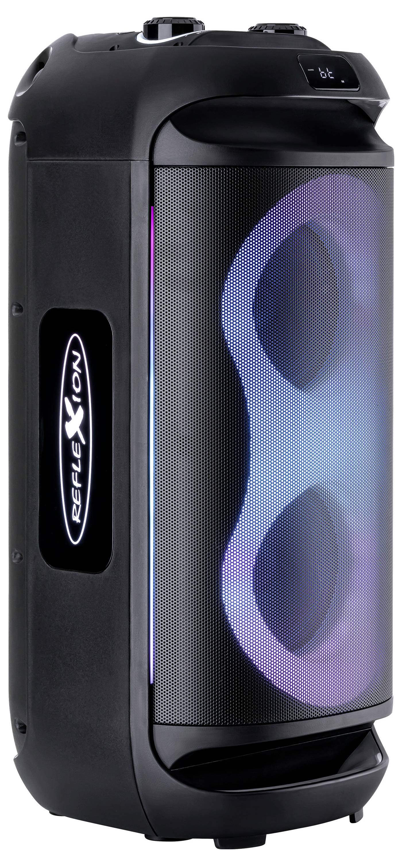 Portable Bluetooth speaker with a cylindrical black design, featuring colorful LED lights on the front grill.