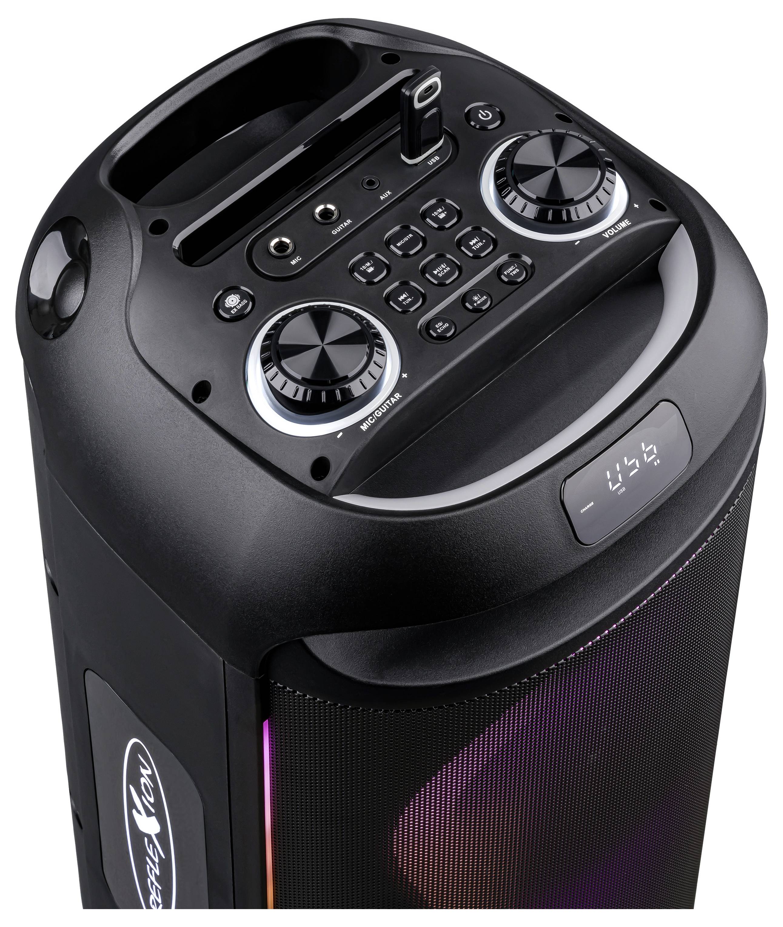Black portable speaker with digital display and multiple control buttons on top, showing USB and aux ports for connectivity.