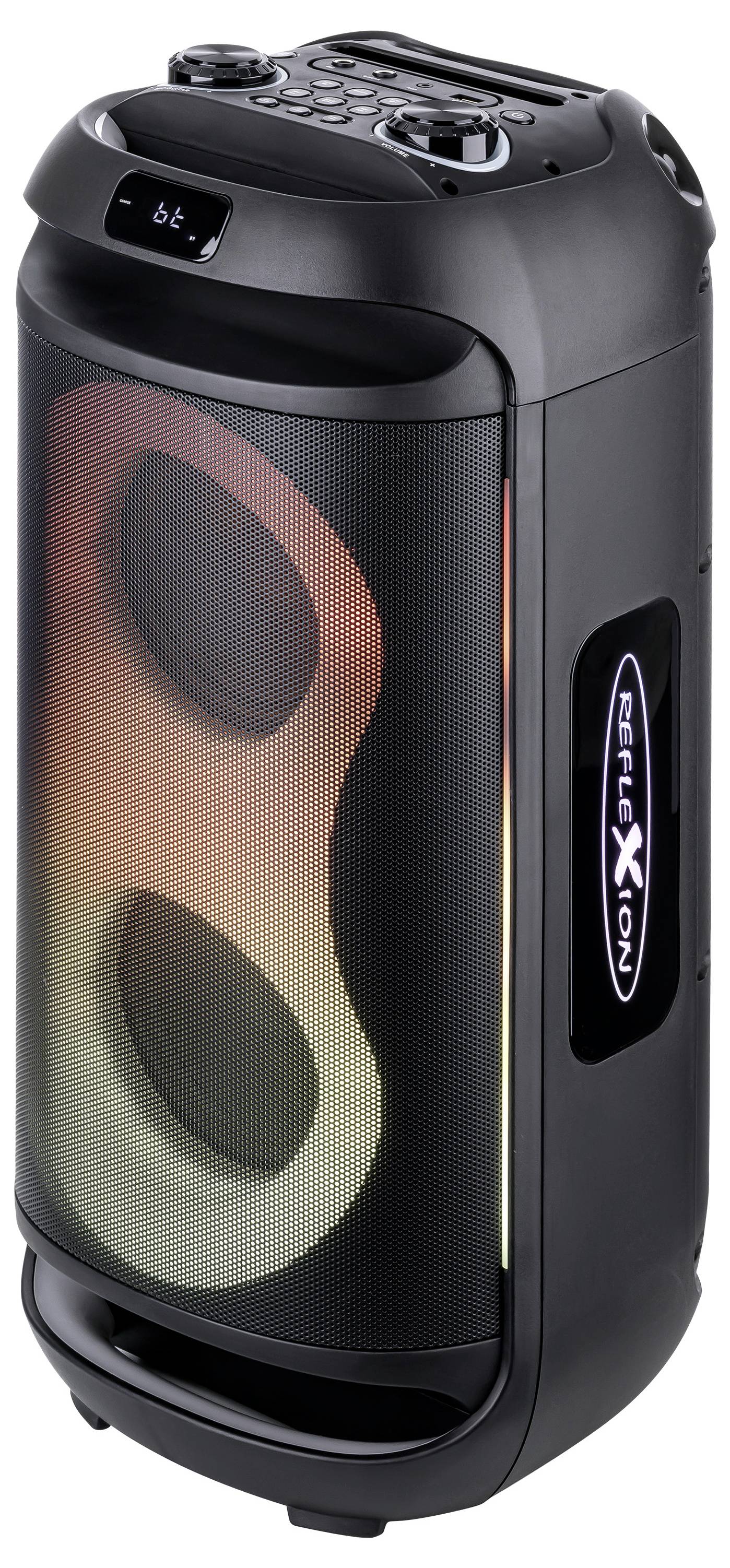 A black, cylindrical Bluetooth speaker with control buttons on top and a glowing LED light display on the front showing a pattern of colors.