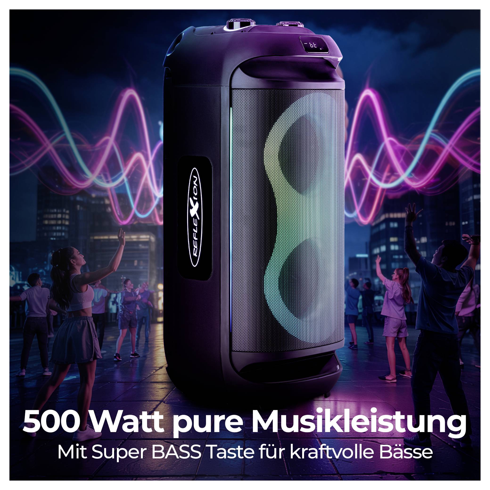 A large speaker with glowing lights is outdoor at night with dancing people in the background. Text: '500 Watt pure Musikleistung'.