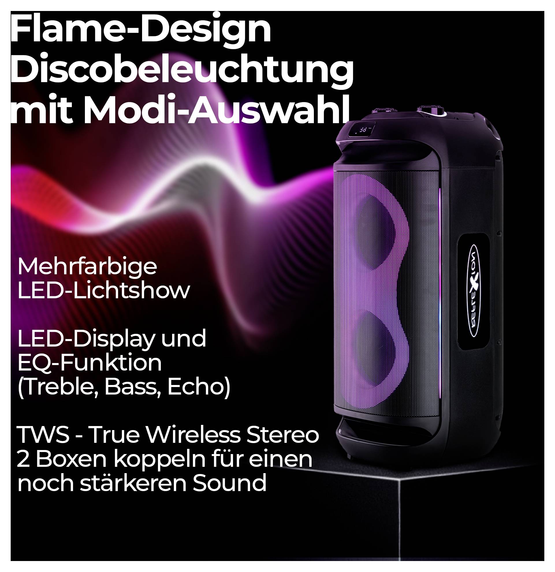 A black speaker with purple glowing design, featuring 'Flame-Design', multicolor LED light show, display, EQ, and wireless stereo. German text describes features.
