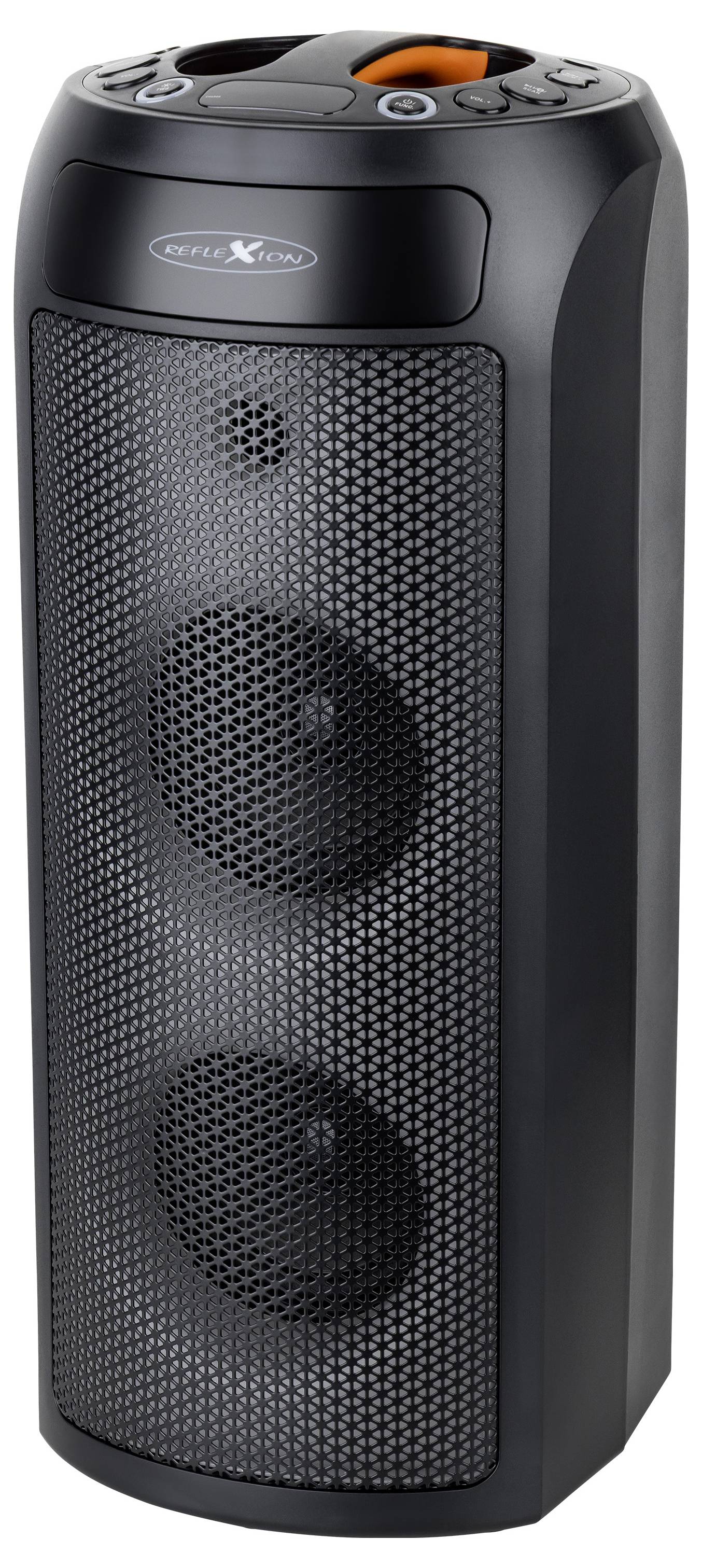 Tall black tower speaker with two visible speaker grilles and a control panel on top.