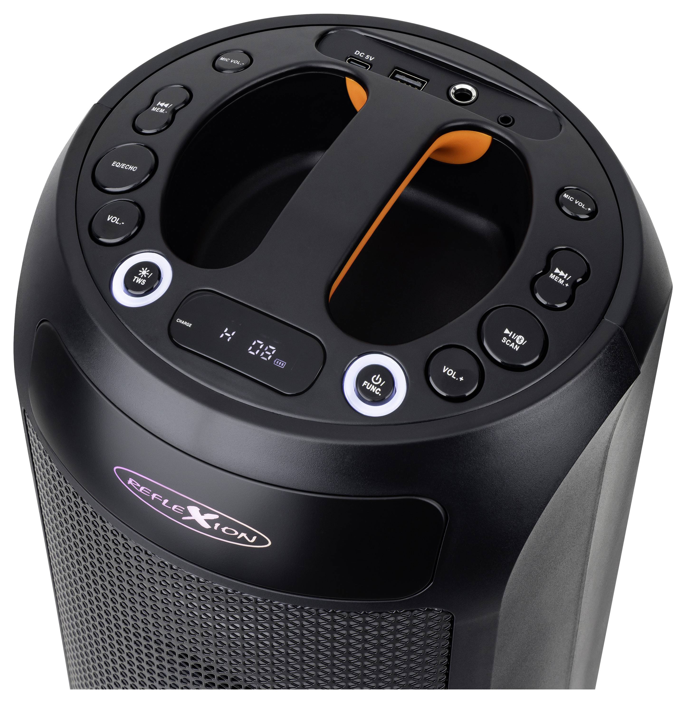 A black and orange portable speaker with various control buttons, digital display, USB, and headphone ports on top.