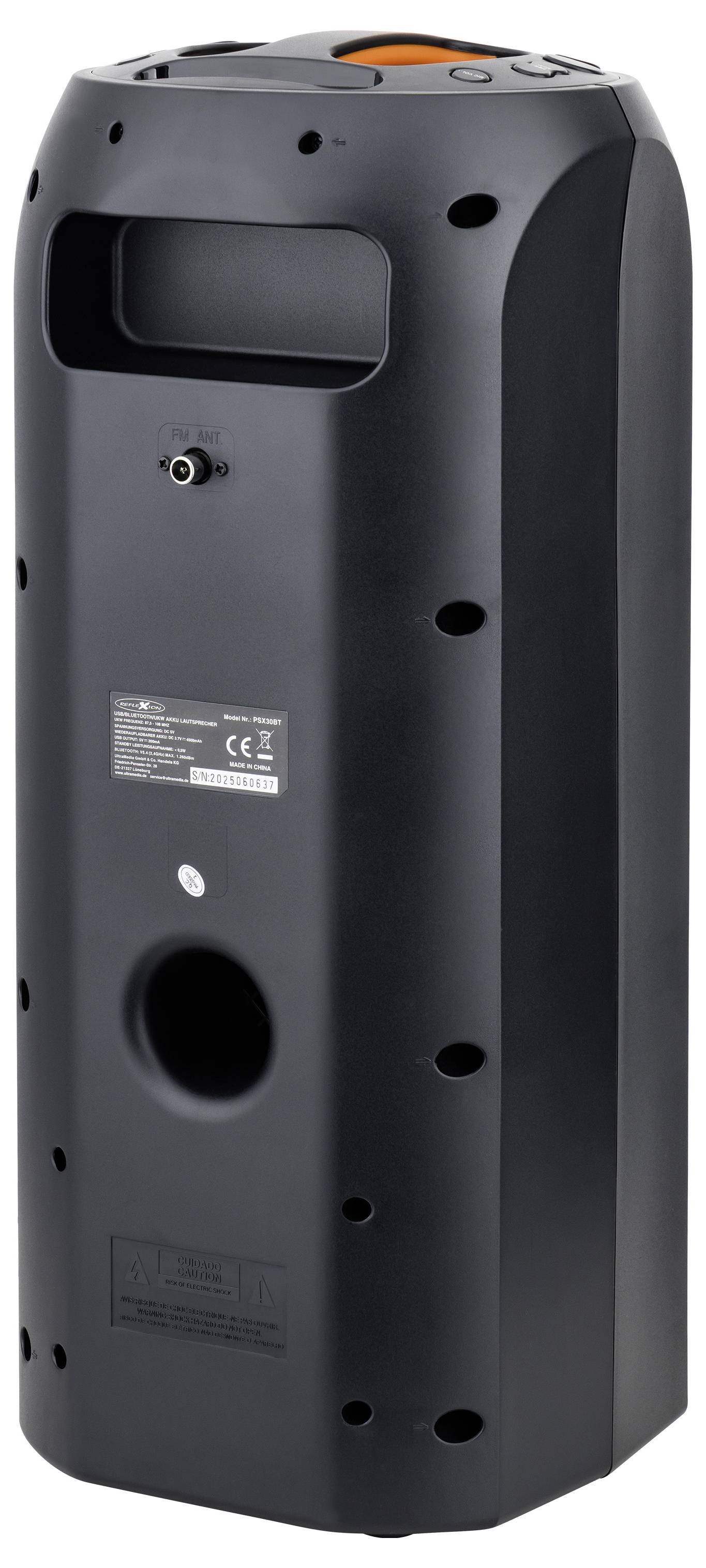 Black portable speaker, upright position, featuring rear control panel and circular orange elements on top, designed for audio playback.