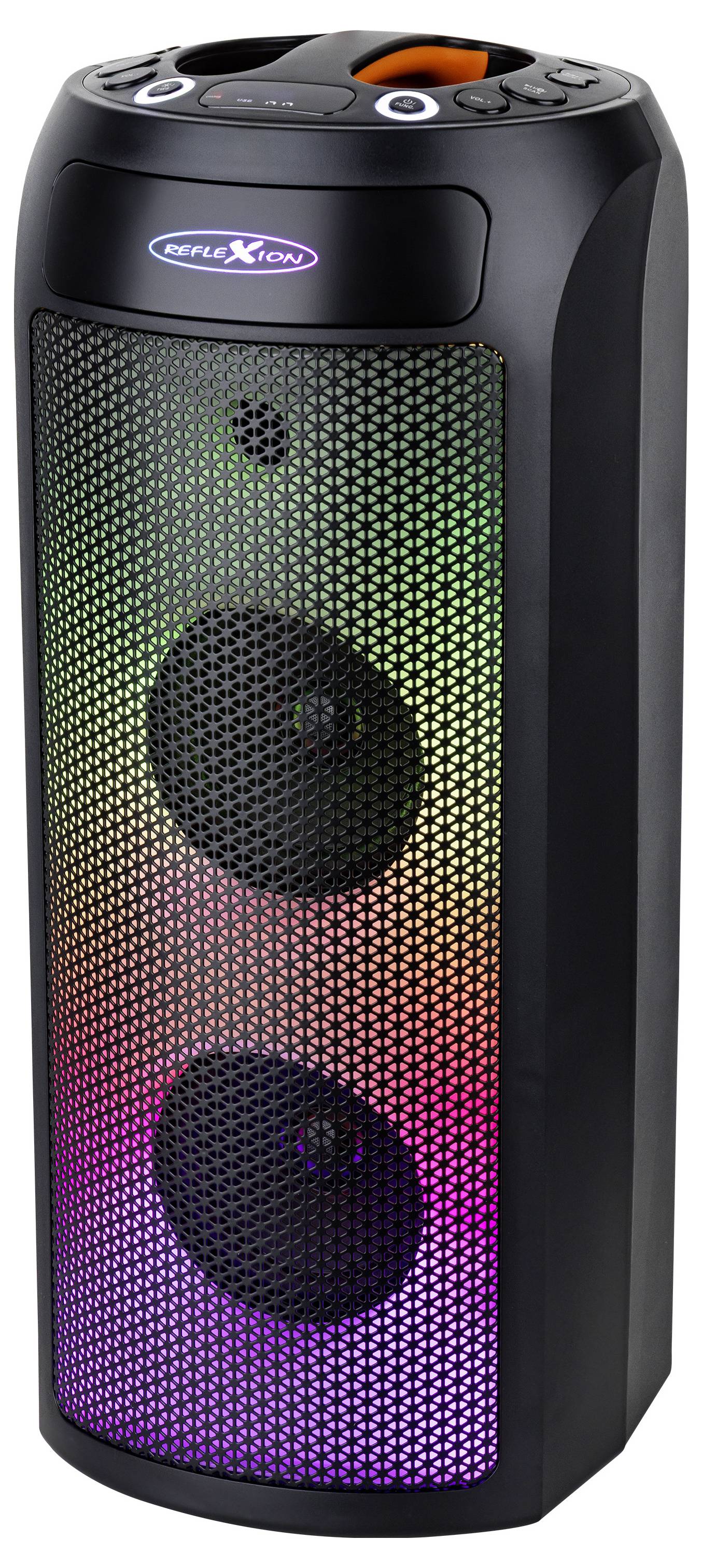 A tall, black, portable speaker with two visible speaker units and colorful LED lights on the front grille, changing colors from top to bottom.
