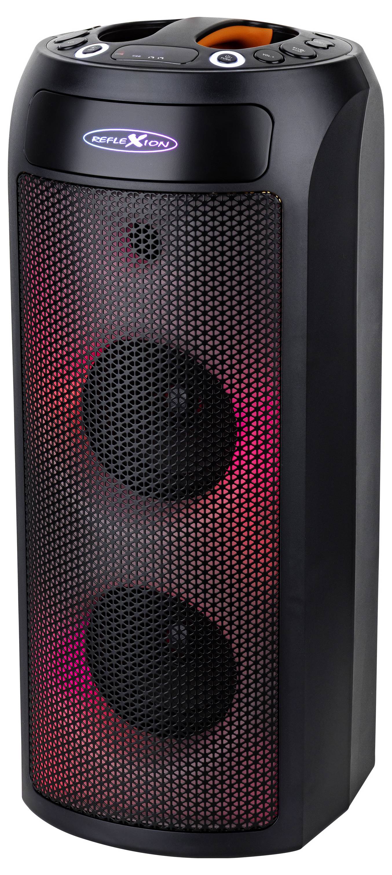 A tall, black Bluetooth speaker with red lighting and a branded logo near the top.