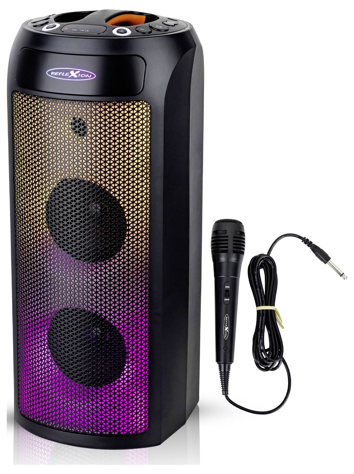 Portable speaker with colorful LED lights, dual speakers, control panel on top, and a wired microphone beside it for karaoke.