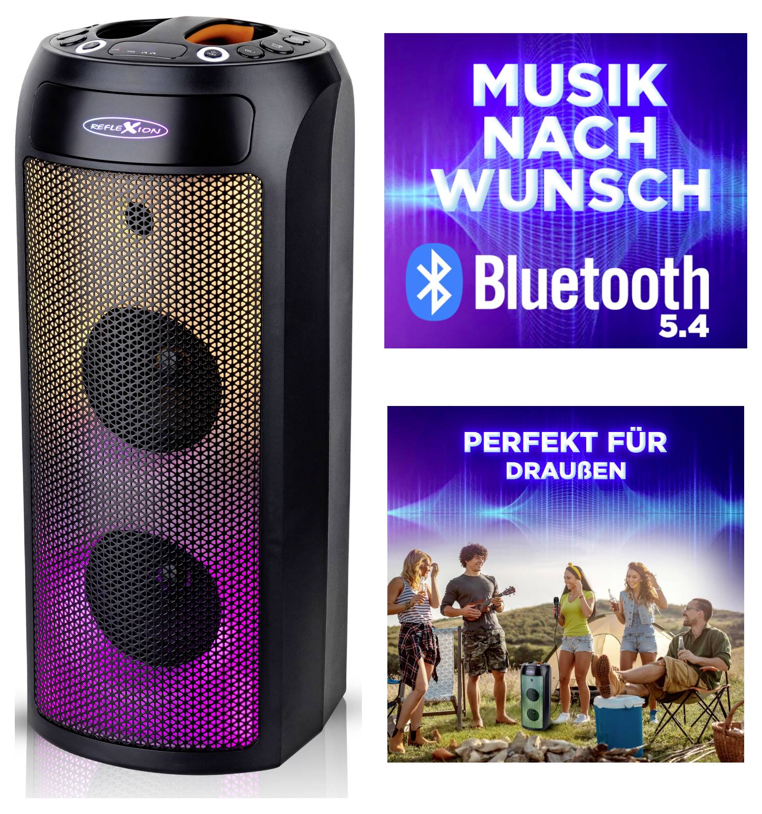 A portable Bluetooth speaker with colorful lights beside two ads. One reads 'MUSIK NACH WUNSCH Bluetooth 5.4', the other 'PERFEKT FÜR DRAUßEN' with people enjoying music outdoors.