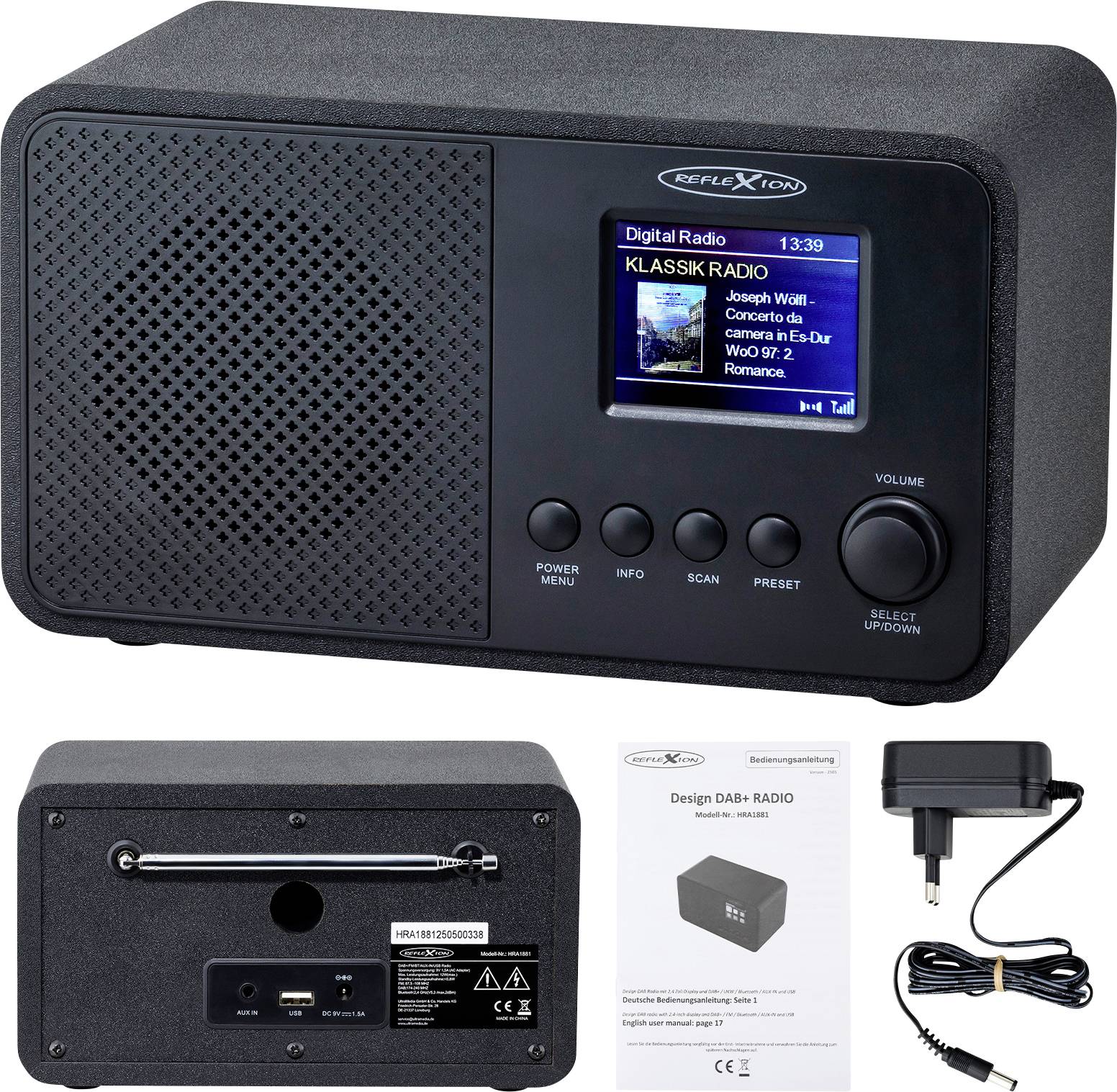 A black digital radio with a speaker on the left and a screen on the right displaying 'Klassik Radio.' Buttons below include power, menu, info, scan, preset, and volume control. Accompanied by a power adapter and user manual.