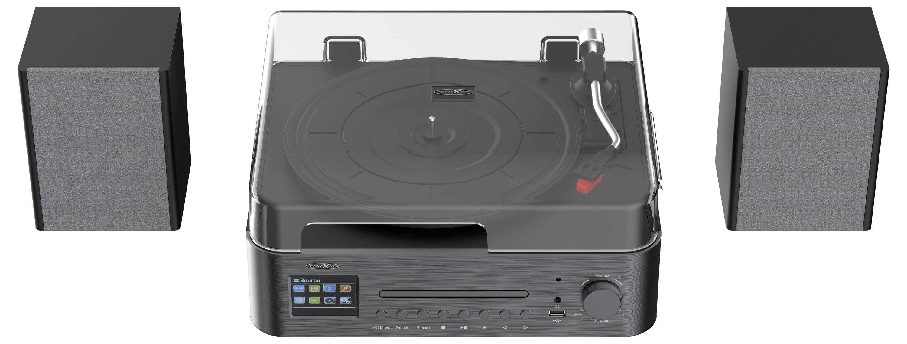 A modern turntable with a clear dust cover is centered between two black speakers. The turntable has control dials and a digital display.